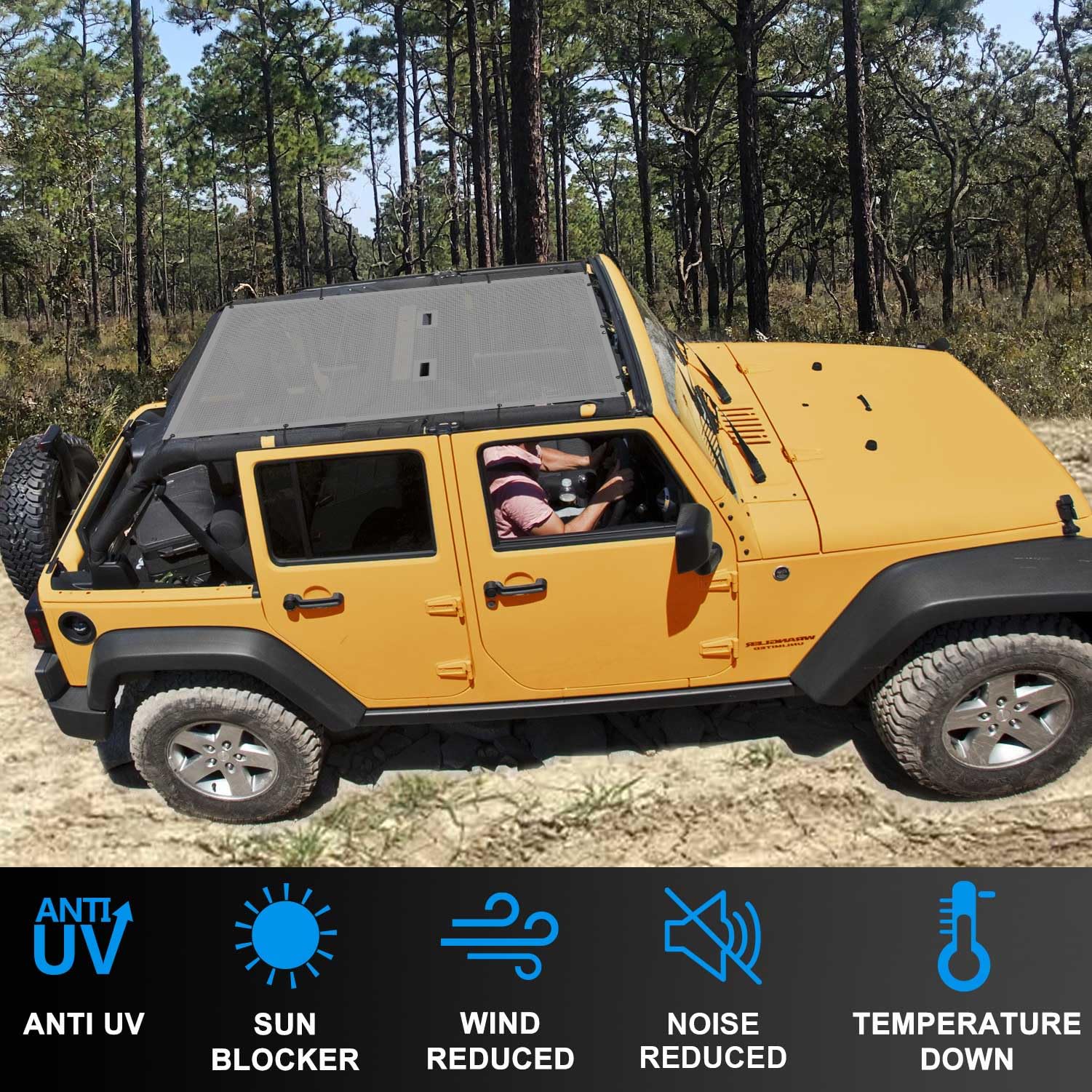 JT Top Sun Shade Roof Compatible with Jeep Gladiator 4 Door 2018 to 2023 Sunshade Sunroof Bikini Cover Blocks UV Wind Noise Black Mesh for Front and Rear 2 pcs