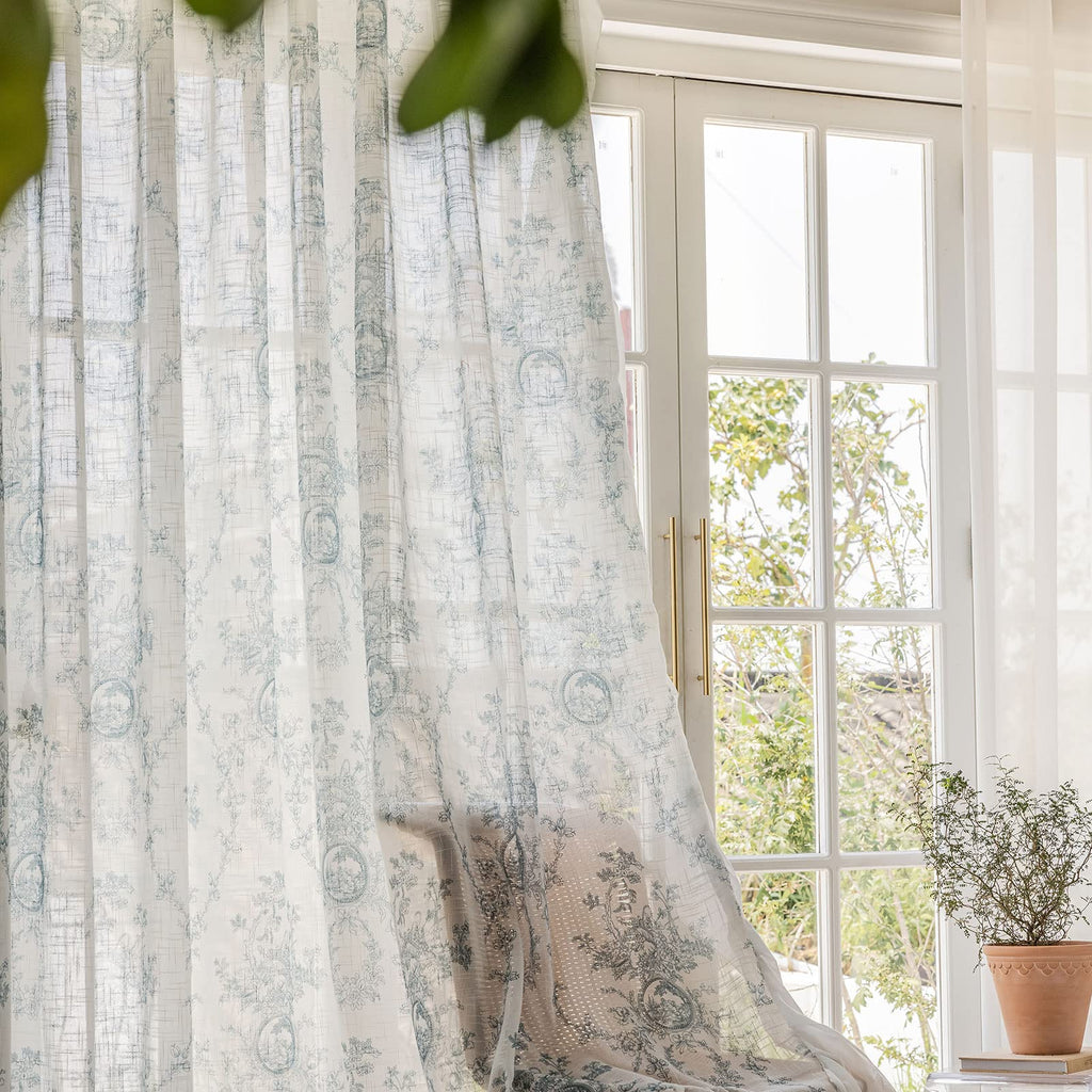 SUOUO Blue Leaf Semi Sheer White Curtains for Bedroom Dining Living Room Linen Textured 84 inches Long Rod Pocket Boho Window Drapes 2 Panels