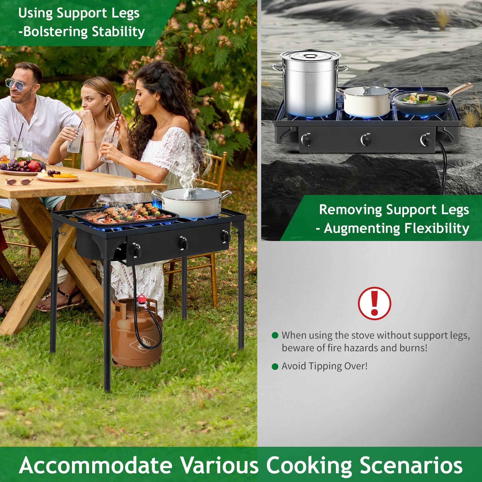 Outvita 2 Burner Propane Gas Stove for Outdoor Cooking, 150,000 BTU Camping Cooker with Removable Legs, Temperature Control Knobs for Backyard Cooking, BBQ, Baking and Frying