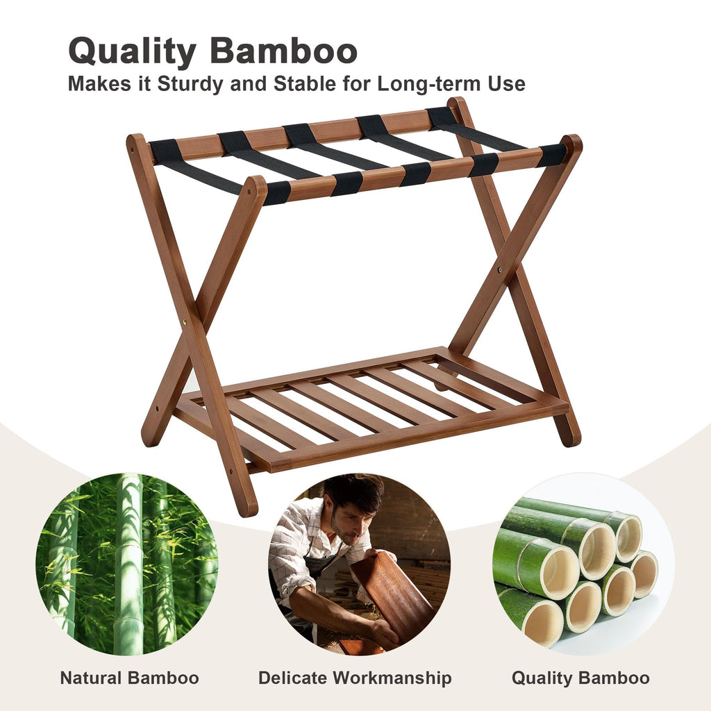 oakvivo Fully Assembled Black Luggage Rack for Guest Room, Bamboo Foldable Suitcase Stand with 5 Nylon Straps, Upgraded Luggage Rack Holder with Shelf for Bedroom Hotel, Holds up to 165 Lbs, 1pcs