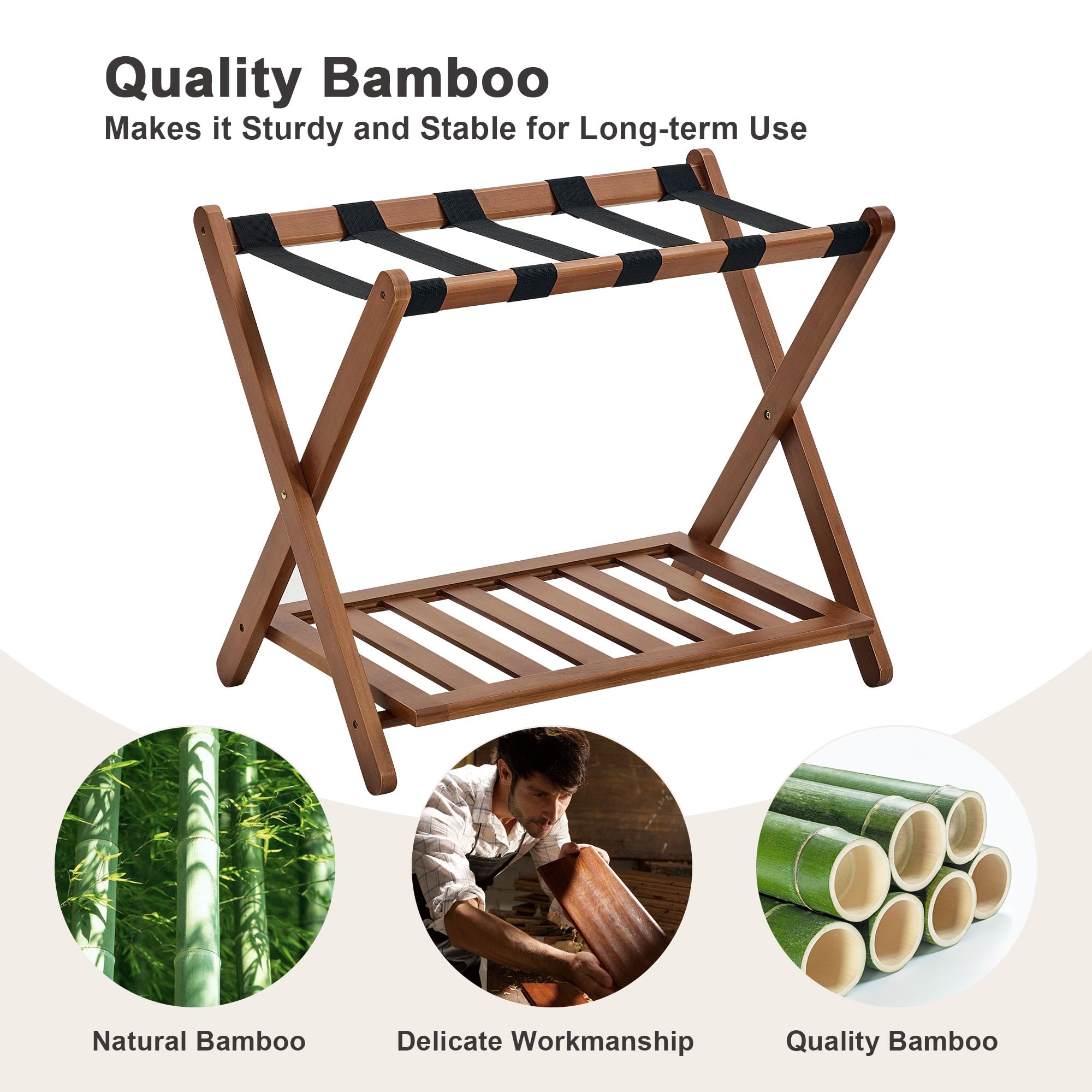 oakvivo Fully Assembled Black Luggage Rack for Guest Room, Bamboo Foldable Suitcase Stand with 5 Nylon Straps, Upgraded Luggage Rack Holder with Shelf for Bedroom Hotel, Holds up to 165 Lbs, 1pcs