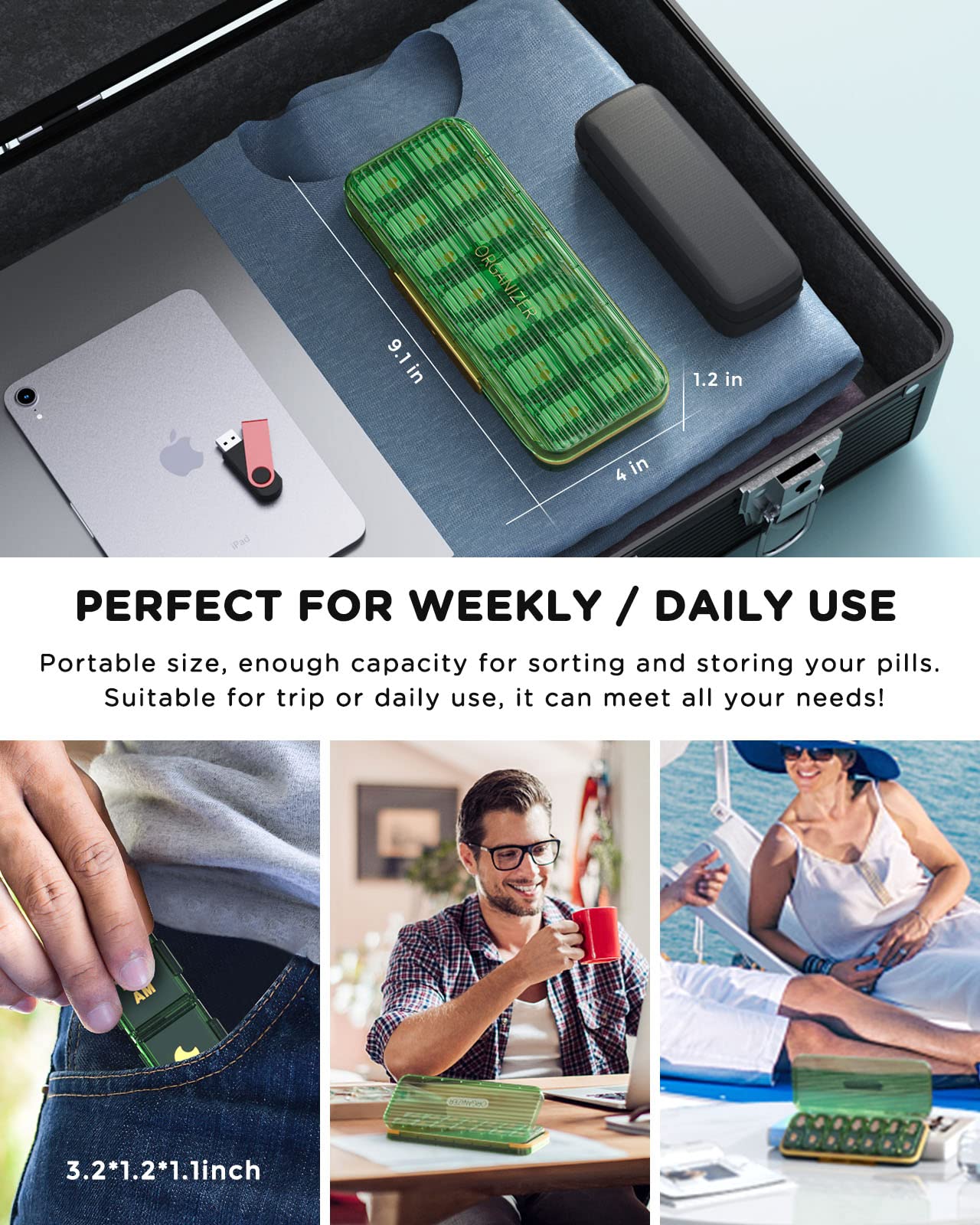 Pill Organizer 2 Times A Day, 7 Day Am Pm Pill Box - Acedada Weekly Pill Organizer Twice A Day, Portable Removable Daily Medicine Container Dispenser Case for Vitamin Fish Oil Supplement, Black Grey