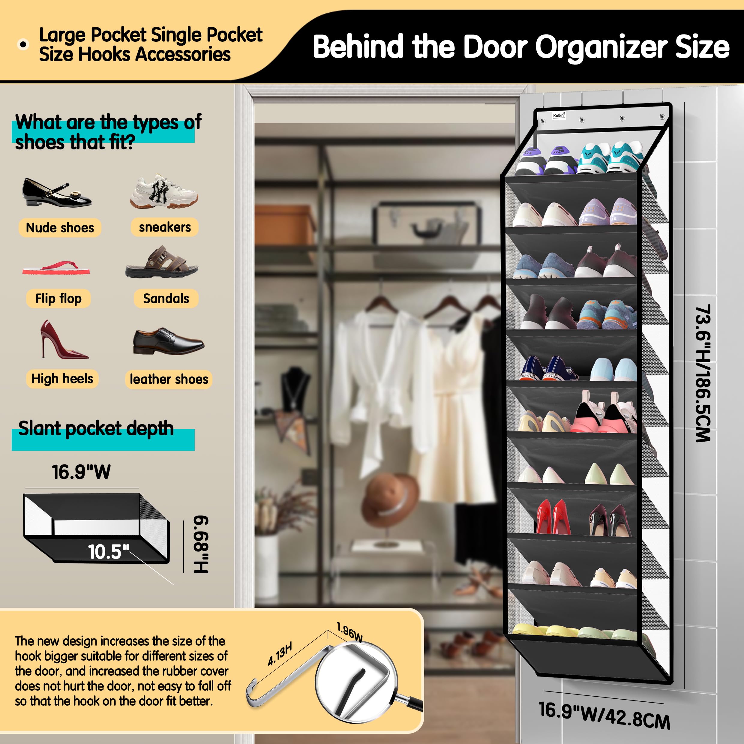 Kotkn 10 Tier Over The Door Organizer - Heavy Duty Hanging Storage Rack with Sturdy Oxford Fabric, Holds 20+ Pairs of Footwear, Boots & Sneakers, Saves 50% Closet Space(Beige)