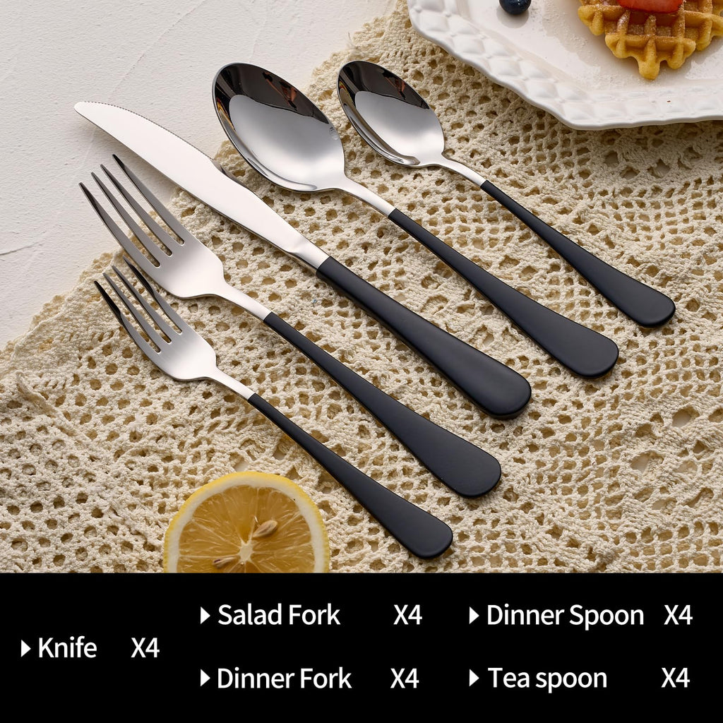 20-Pieces Blac and Pink Silverware Sets for 4,Pink Handle Stainless Steel Cutlery Set, Include Forks Spoons and Knives Set, Dishwasher Safe Utensil Sets for Home Restaurant