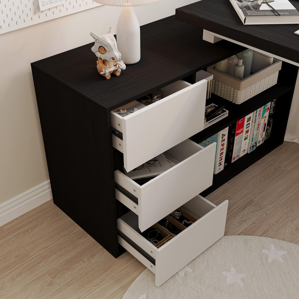 Bobve L Shaped Computer Desk, 47 Inch Home Office Desk with File Drawers & Storage Shelves, Small Corner Computer Desk for Small Space (Black + White)