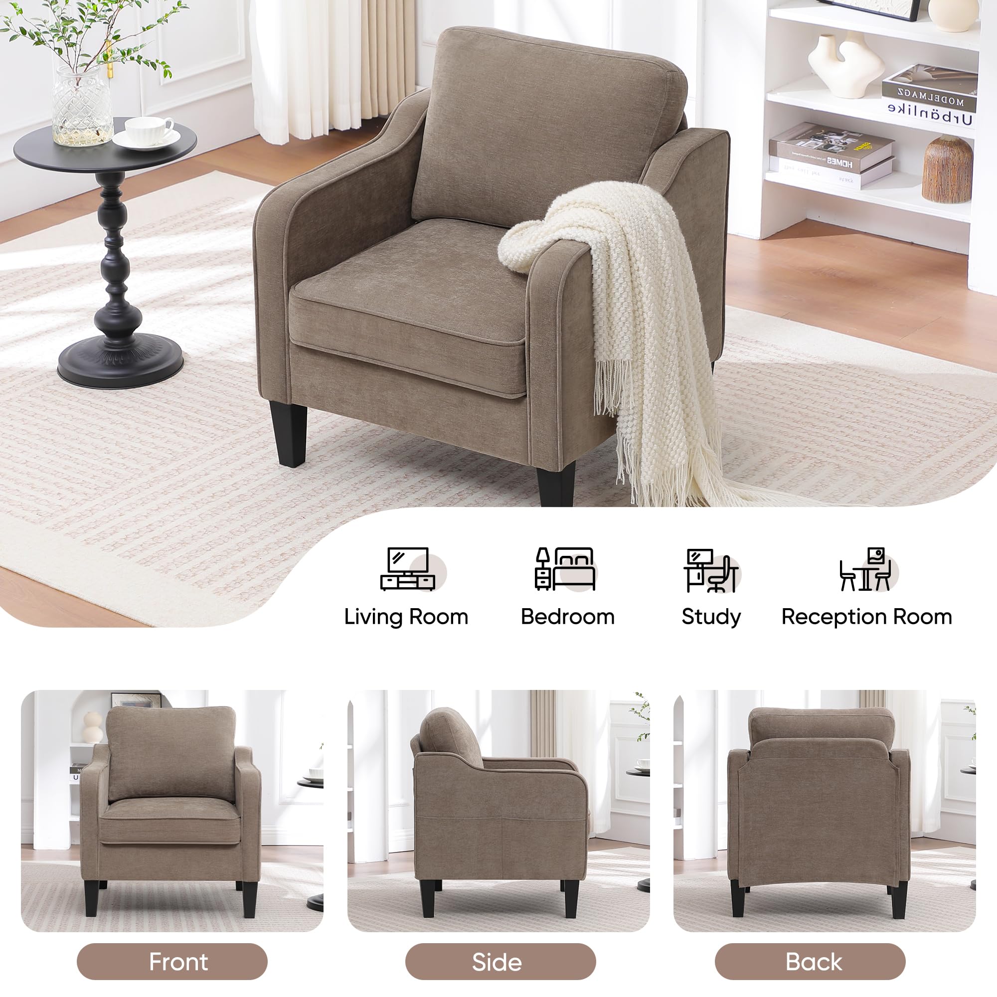 Accent Chair for Living Room, Mid Century Modern Reading Chair for Bedroom, Upholstered Armchair with Side Pockets, Comfy Single Sofa Side Chair for Office, Apartment, Small Room, Beige