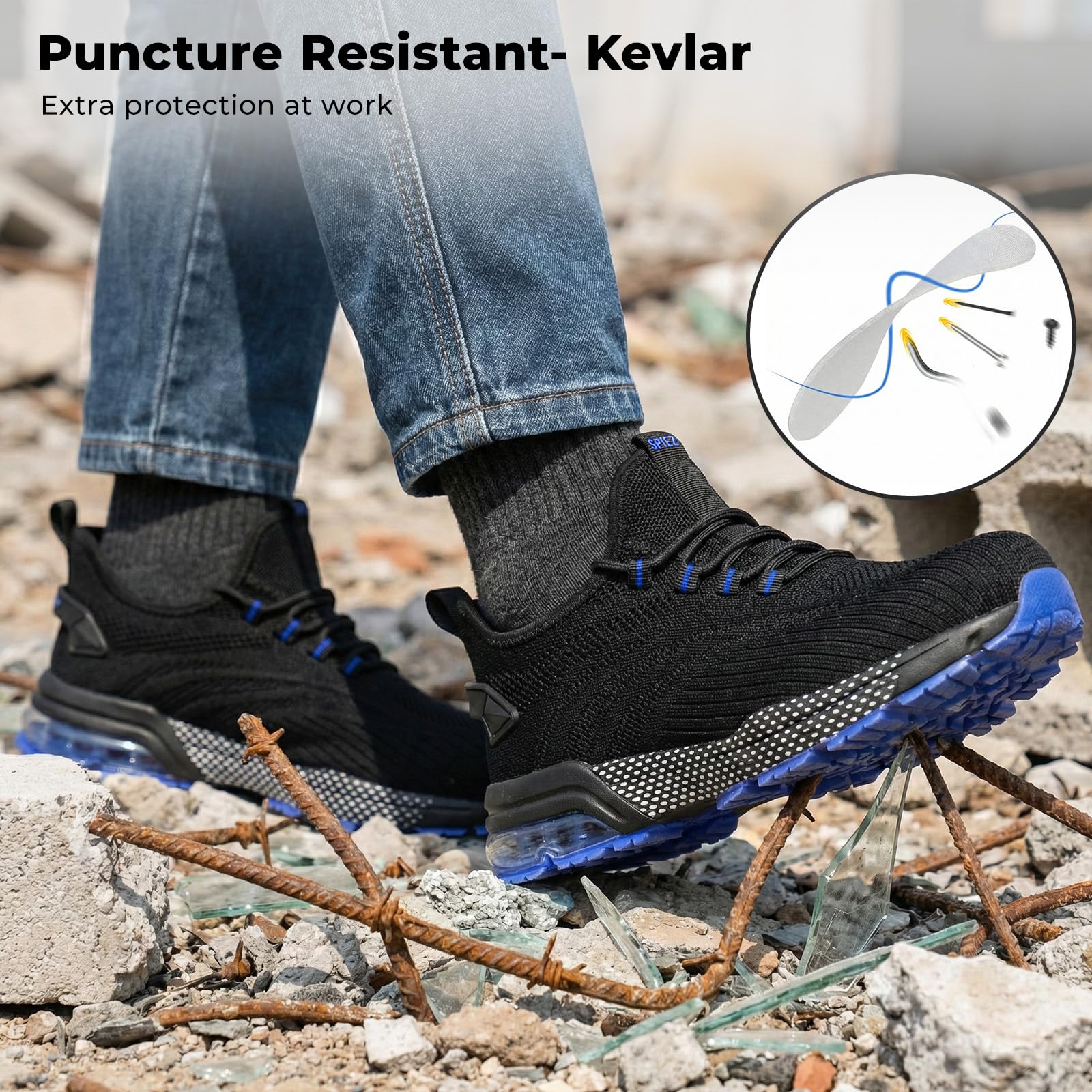 SPIEZ Composite Toe Shoes for Men Women, Lightweight Breathable Non Steel Toe Safety Shoes, Puncture Proof Slip Resistant Work Sneakers for Construction,Warehouse,Black Blue/Black Yellow