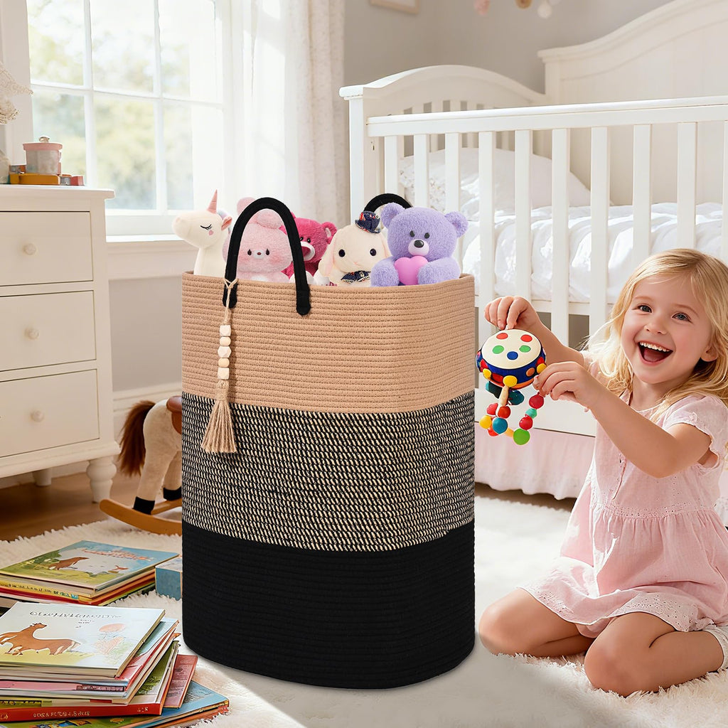 Woven Laundry Basket for Clothes, 50L Large Rectangle Laundry Hampers with Beads Tassel, Nursery Storage Basket for Toys, Tall Dirty Clothes Hamper for Bedroom Aesthetic, Laundry Room Organization