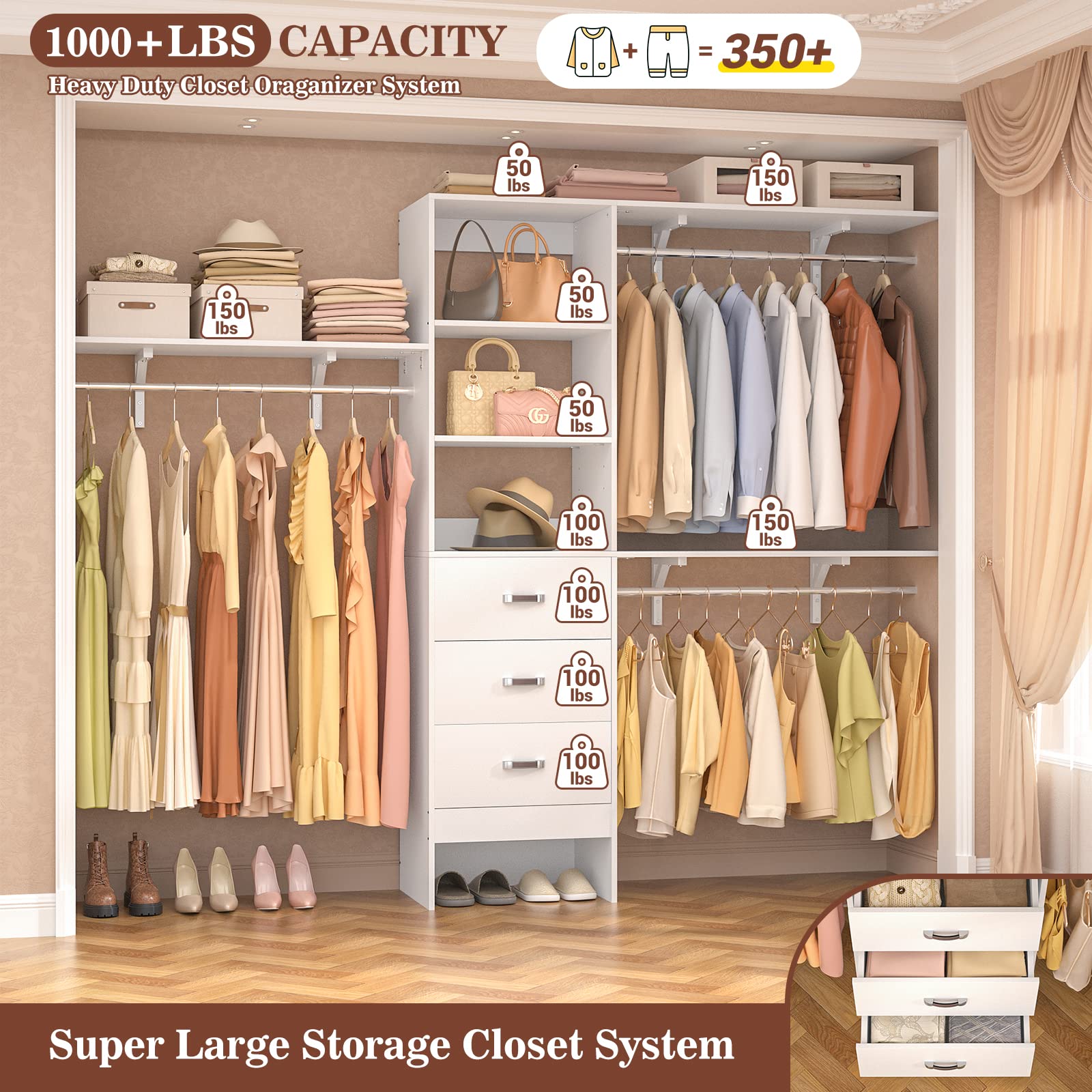 iSunirm 8FT Closet System, 96'' Closet Organizer System with 3 Hanging Rods, Wall Mount Bedroom Wardrobe with 3 Drawers Walk-in Closet, Adjustable Cloth Garment Rack from 5 to 8FT (Cut to Fit), Black