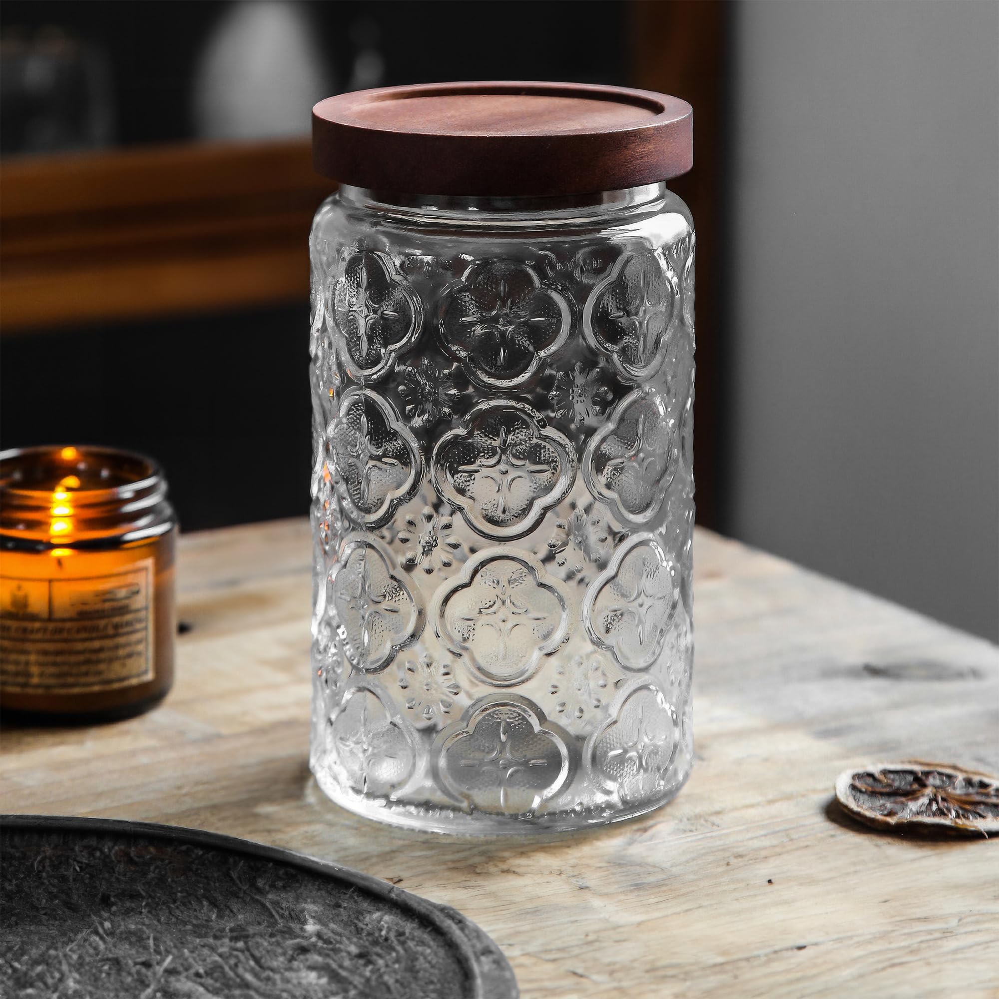 Custde Glass Storage Jars With Airtight Lid, 23.7oz Container For Kitchen Counter with Wooden Lid, brown sugar, candy, coffee, cookie, salt, tea, cute Jar (35oz Large Begonia Flowers)