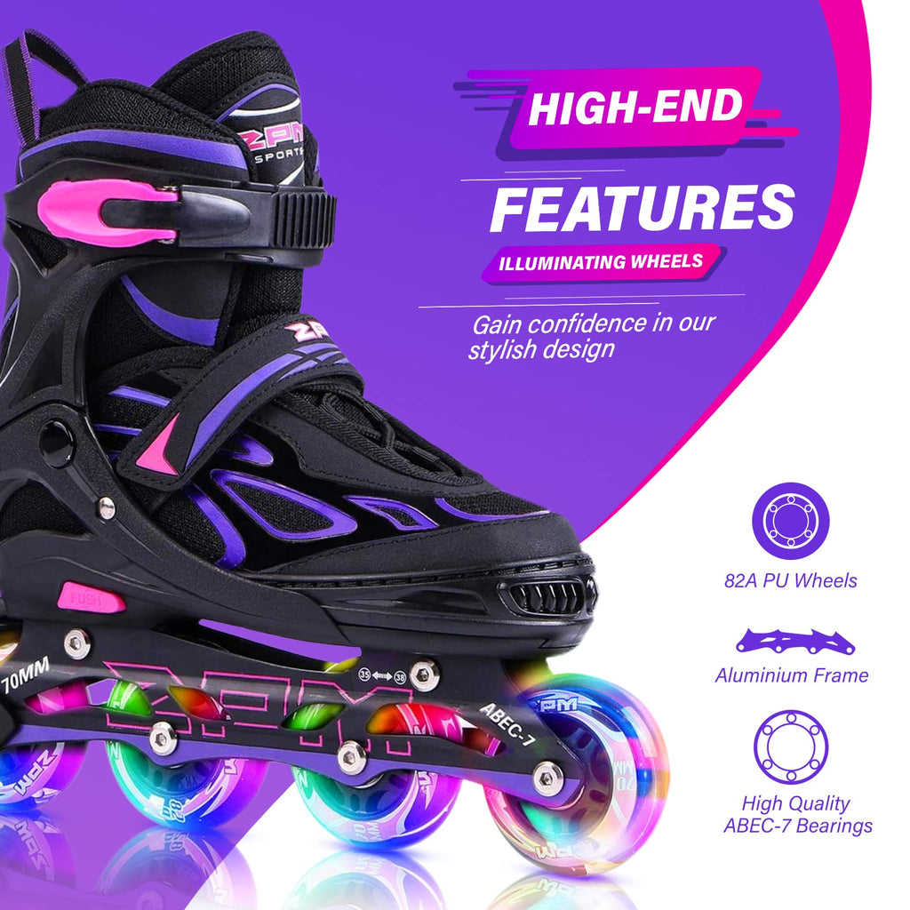 2PM SPORTS Vinal Girls Adjustable Flashing Inline Skates, All Wheels Light Up, Fun Illuminating Skates for Kids Men Adult Women and Boys
