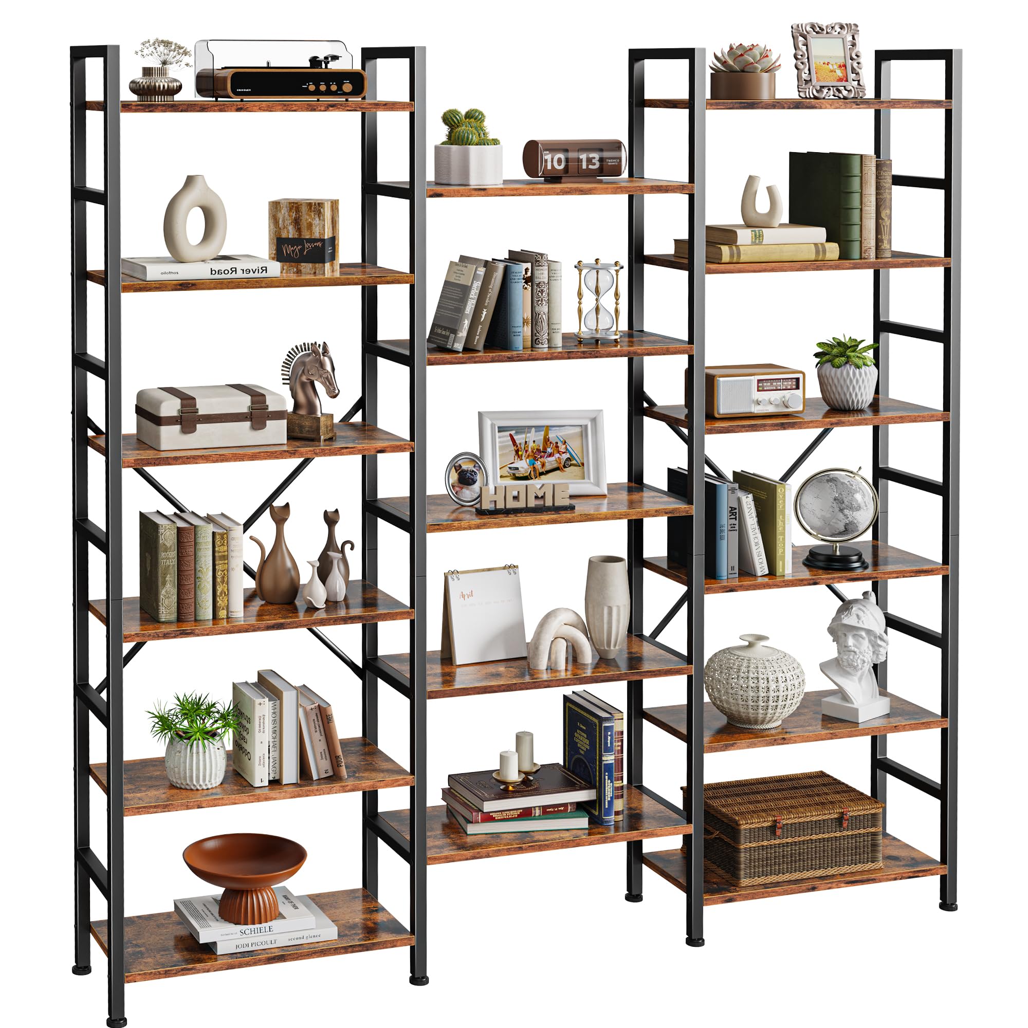 SUPERJARE Triple Bookshelf, Bookcase with 11 Open Display Shelves, Wide Book Shelf Book Case for Home & Office, 4 Tier, Black