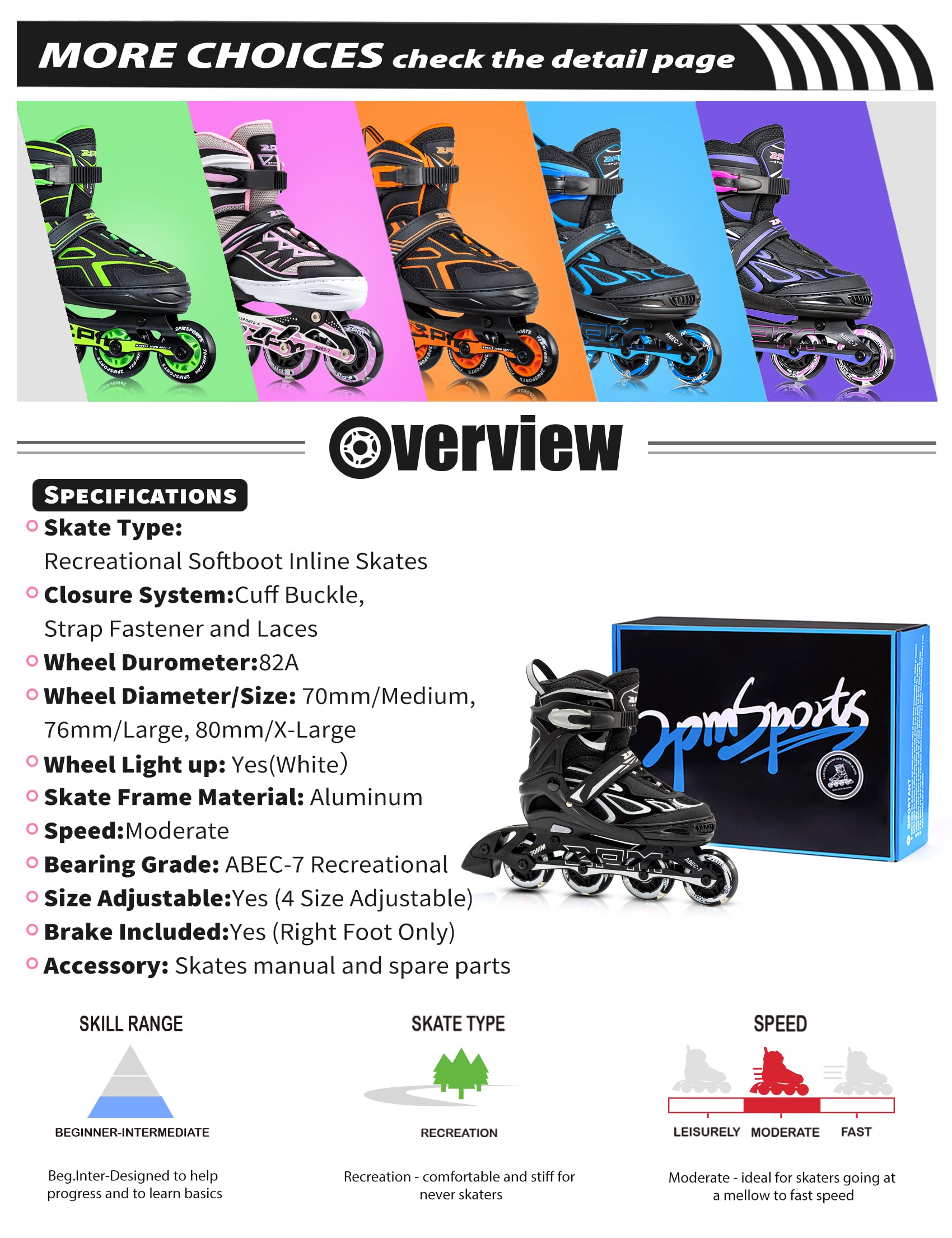 2PM SPORTS Vinal Girls Adjustable Flashing Inline Skates, All Wheels Light Up, Fun Illuminating Skates for Kids Men Adult Women and Boys