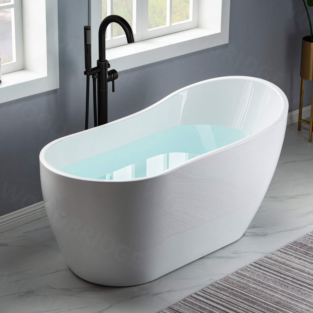 WOODBRIDGE 59" Acrylic Freestanding Bathtub Contemporary Soaking White Tub with Brushed Gold Overflow and Drain， B1530 -BG-Drain &O