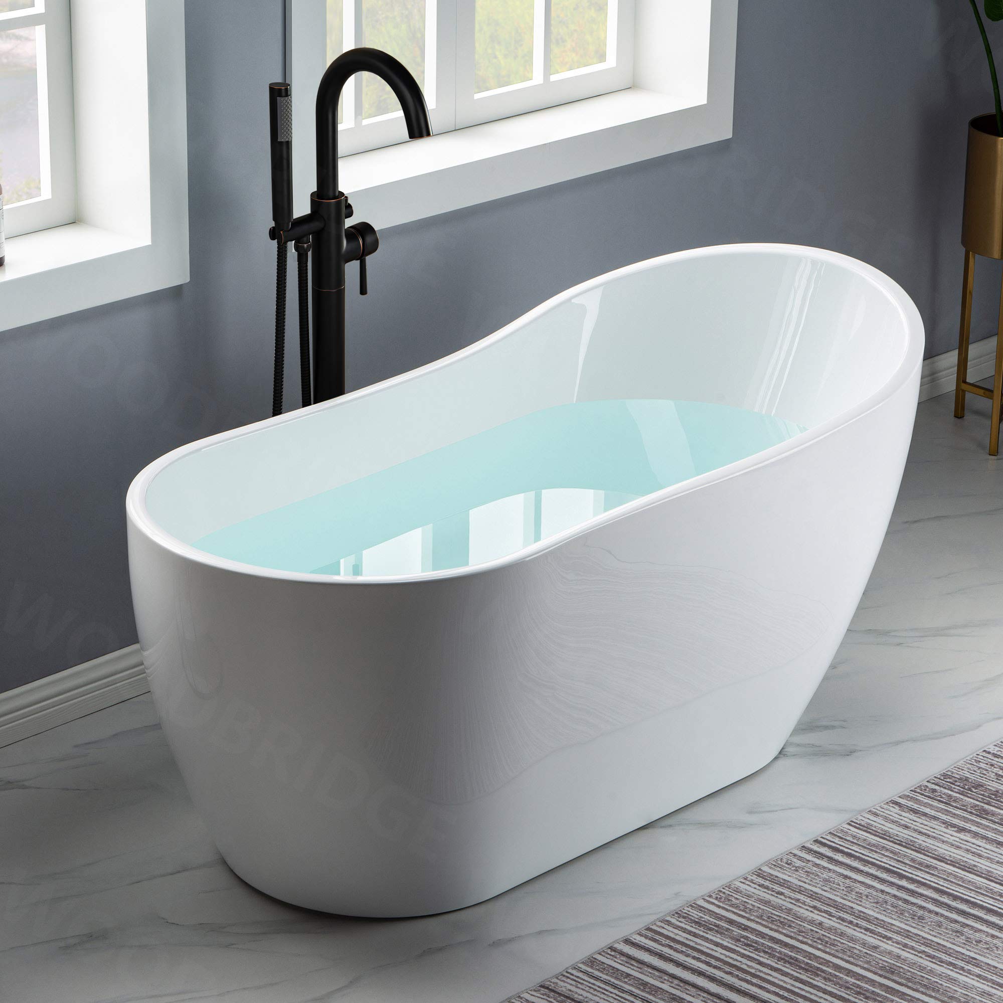 WOODBRIDGE 59" Acrylic Freestanding Bathtub Contemporary Soaking White Tub with Brushed Gold Overflow and Drain， B1530 -BG-Drain &O