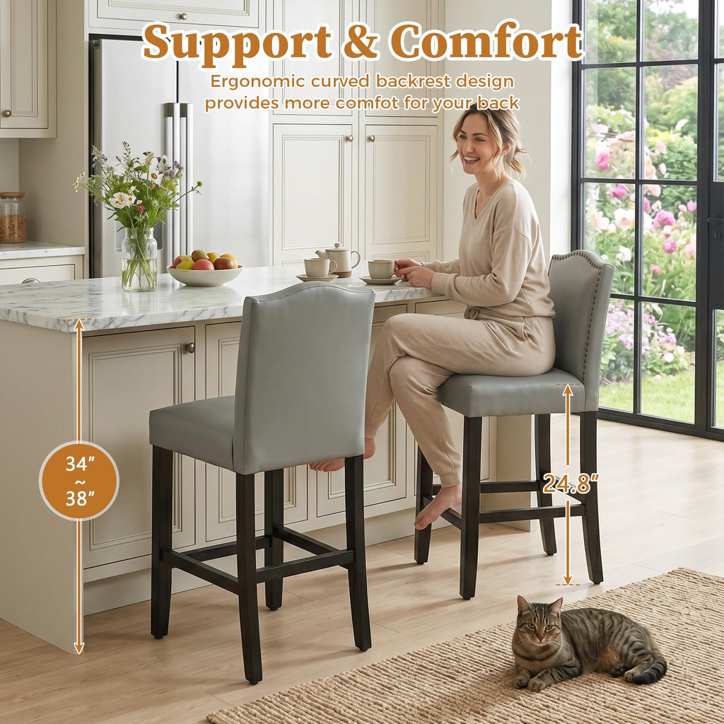 LSSPAID Counter Height Bar Stools Set of 2, 24.8 Inch Modern Upholstered Fabric Barstools, Kitchen Island Chairs with Bronze Nail Backrest and Solid Wood Legs for Kitchen Pub Home Cafe, Beige