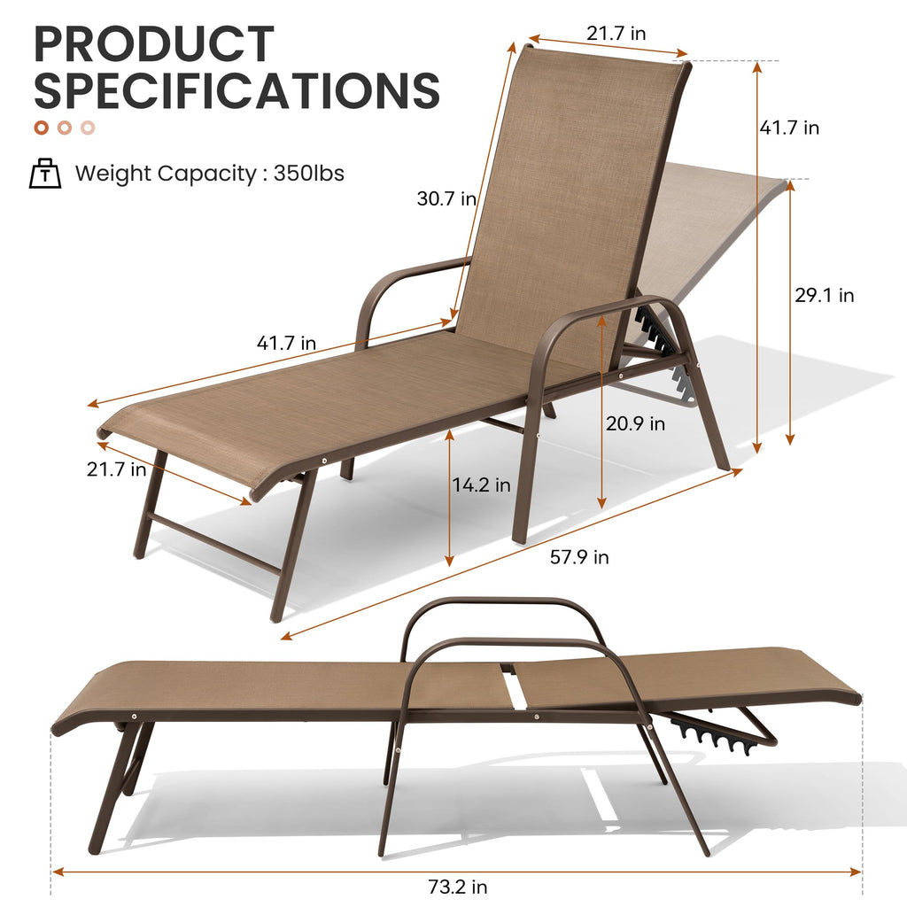 Crestlive Products Chaise Lounge Chair Outdoor with Armrests, Pool Lounge Chairs Set of 2, Aluminum Adjustable 5 Positions Sun Tanning Lounger for Patio, Poolside, Yard, Deck, Backyard (Beige)