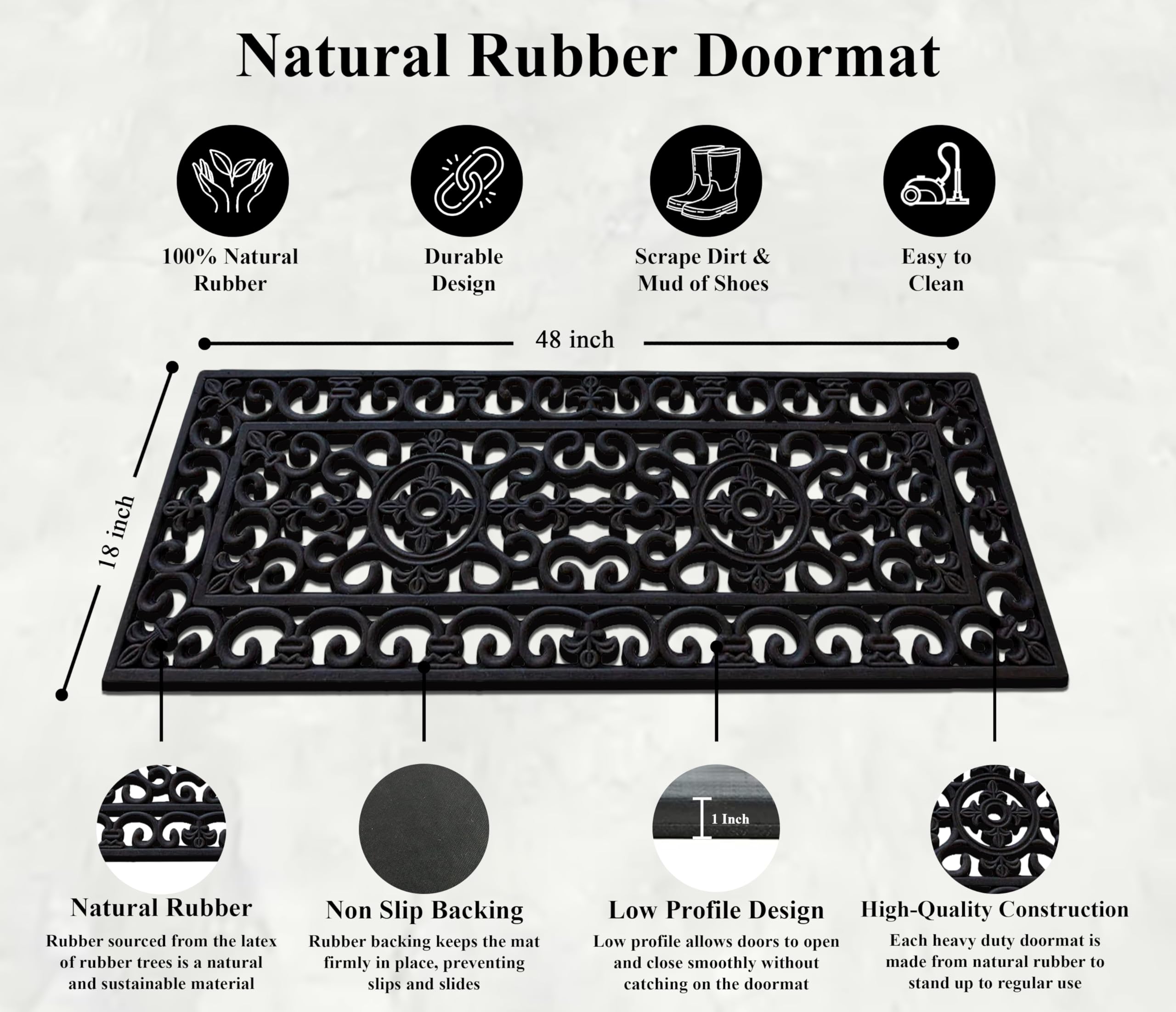 A1 Home Collections 19-LB Heavy Duty Rubber Doormat 24"×57" - Won't Blow Away | Outside Front Door Mat, Mud Dirt Scraper, Non-Slip Drainage Mat for Entryway Patio Garage, All-Weather, 100% Rubber Mats
