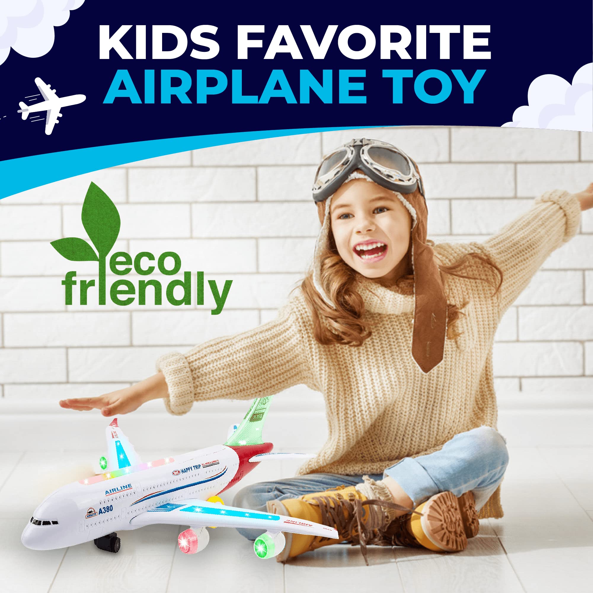 Toysery Airbus A380 Toy Airplane for Kids, Large Bump and Go Airplane Toy with LED Lights, Real Sounds & Propeller, Battery Powered Electric Plane Toy for Toddlers Boys & Girls Ages 3-12