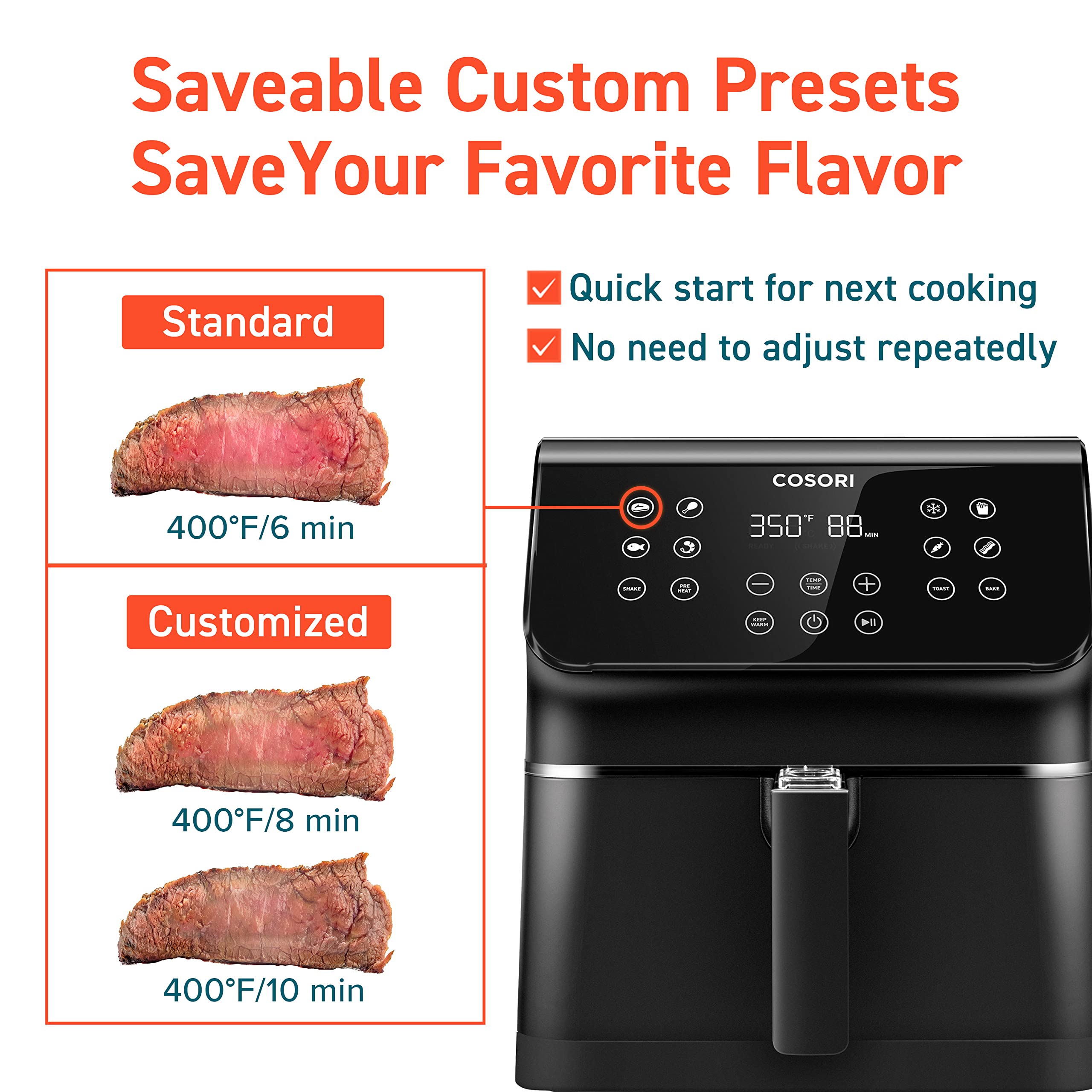 Cosori 12-in-1 Air Fryer 5.8QT, Toast, Bake, Nutrition Facts for 100+ In-App Recipes, AdaptIQ Tech Fast Cook, for Main & Side Dishes, Snacks, Leftovers, Detachable Square Basket, Dishwasher Safe
