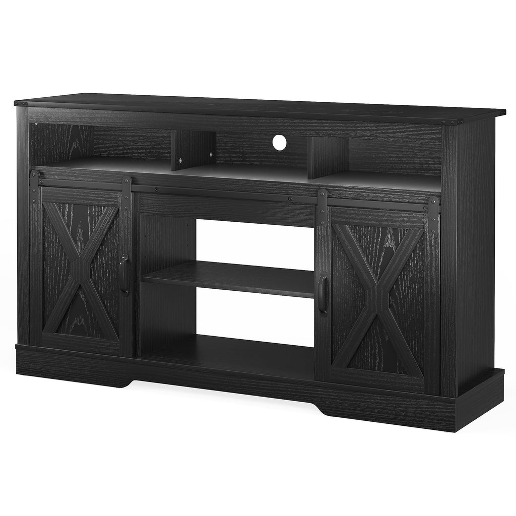 FansaFurn Farmhouse TV Stand for 65+ Inch TV, 34'' Tall Entertainment Center with Sliding Barn Doors, Rustic Wood Media Console Storage Cabinet Television Stand for Living Room, Bedroom (Black)
