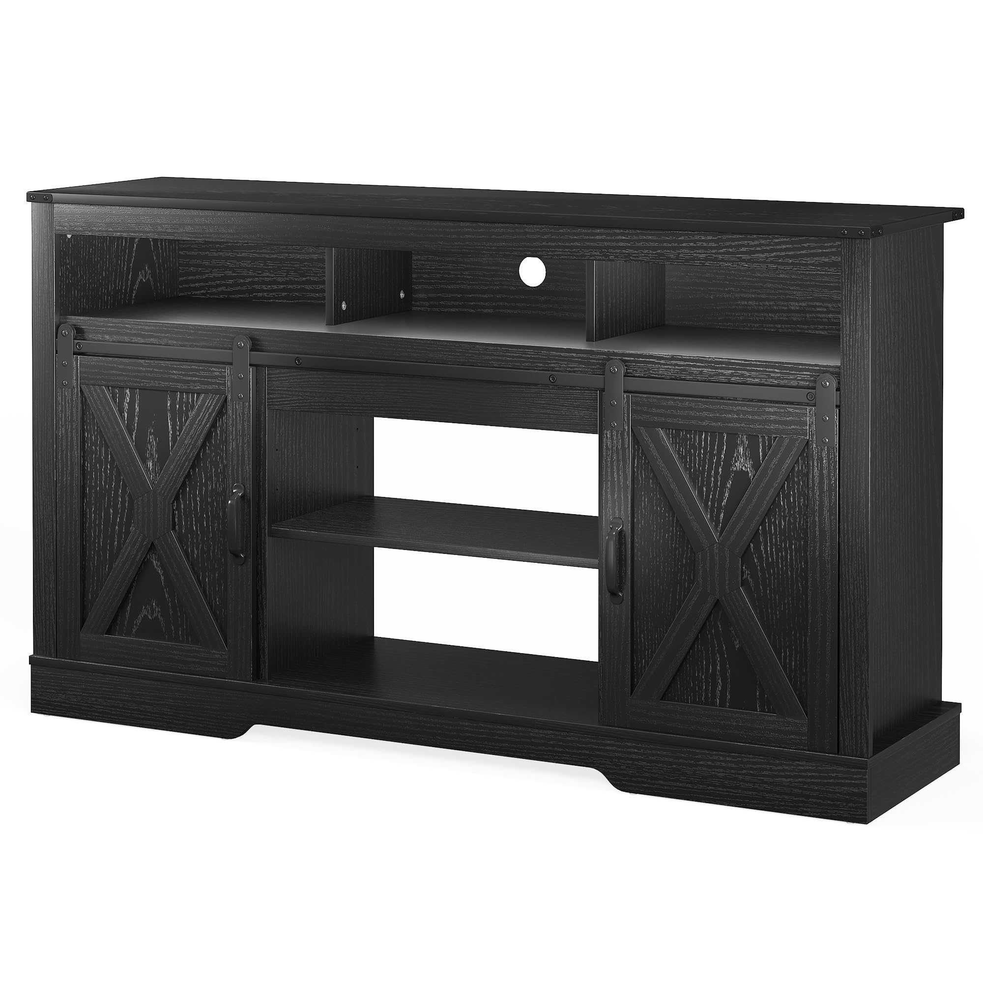FansaFurn Farmhouse TV Stand for 65+ Inch TV, 34'' Tall Entertainment Center with Sliding Barn Doors, Rustic Wood Media Console Storage Cabinet Television Stand for Living Room, Bedroom (Black)
