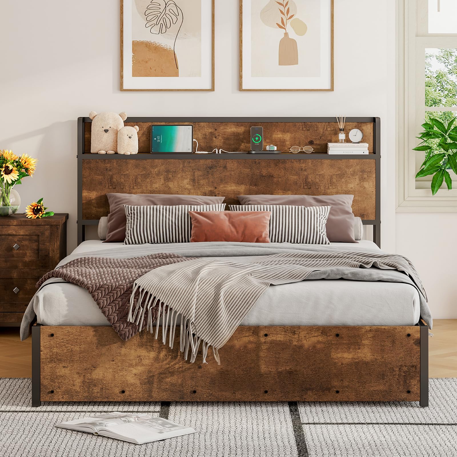 LUXOAK Full Size Lift Up Storage Bed, Wood Platform Bed Frame with Storage Headboard & Charging Station, No Box Spring Needed, Easy Assembly, Black