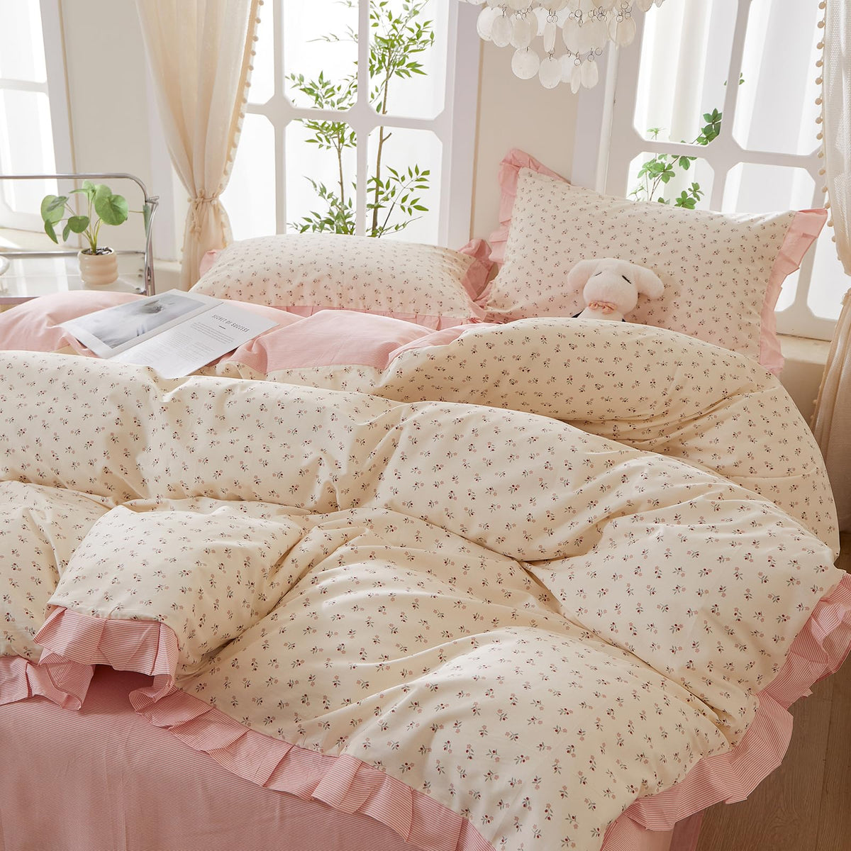 Pink Flower Duvet Cover Twin Chic Floral Print Ruffle Duvet Cover Cotton Lace Comforter Cover Country Style Floral Bedding Set Romantic Ruffle Comforter Cover Flower Bedding Cover with 2 Pillowcases
