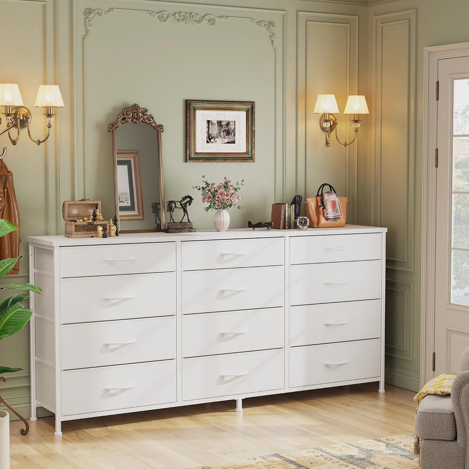 Romorgniz 55" Long Dresser for Bedroom with 12 Fabric Drawers, TV Stand for 60 inch TV Dressers & Chests of Drawers Large Organizer, Living Room, Metal Frame, Wood Top, White
