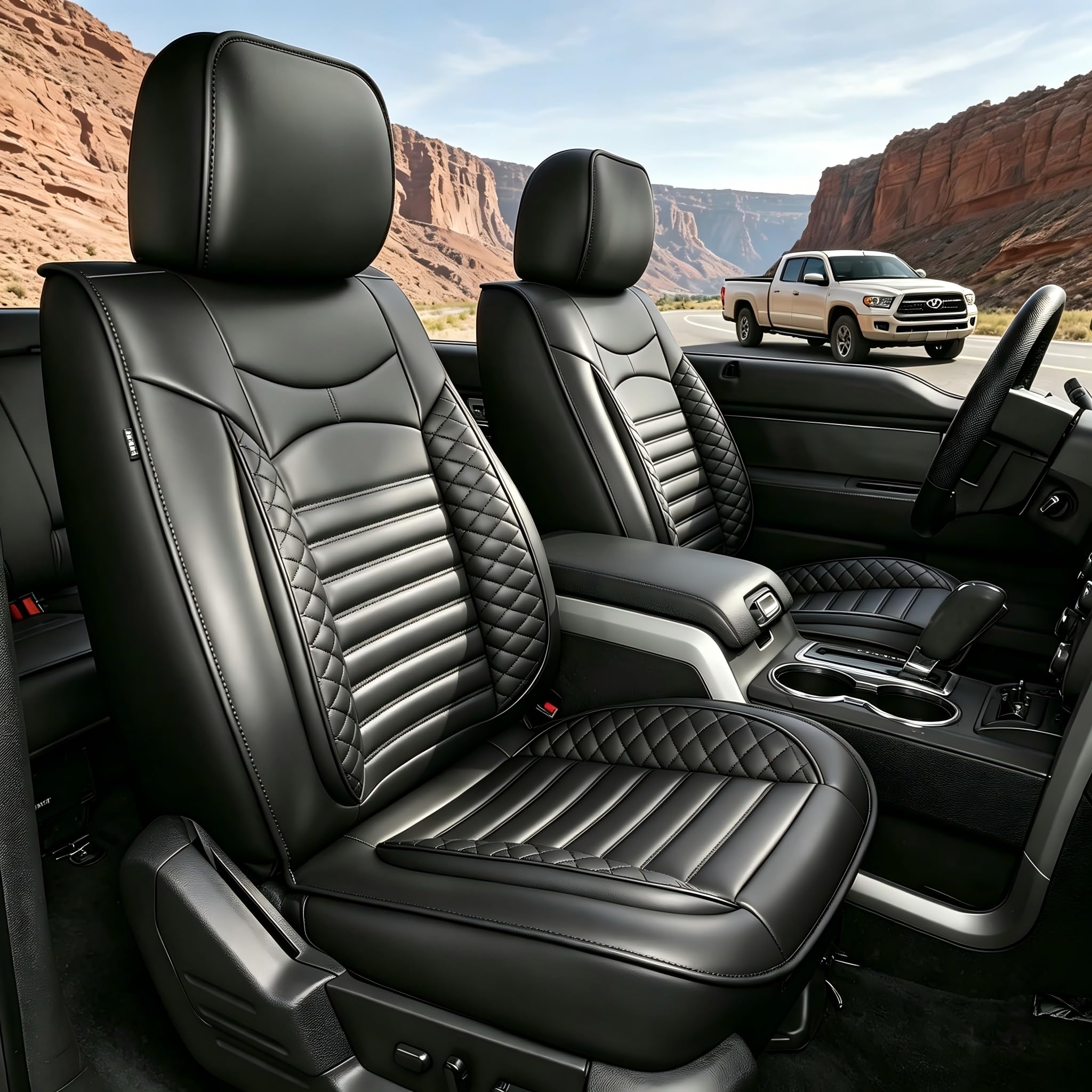 AOMSAZTO Seat Covers Fit for Ford F150 : 2009-2024 2025 2026 - F250/F350/F450 2017-2024 2025 2026 Truck Pick-up Front Car Seat Covers Faux Leather(Blackline, 2PCS Front)