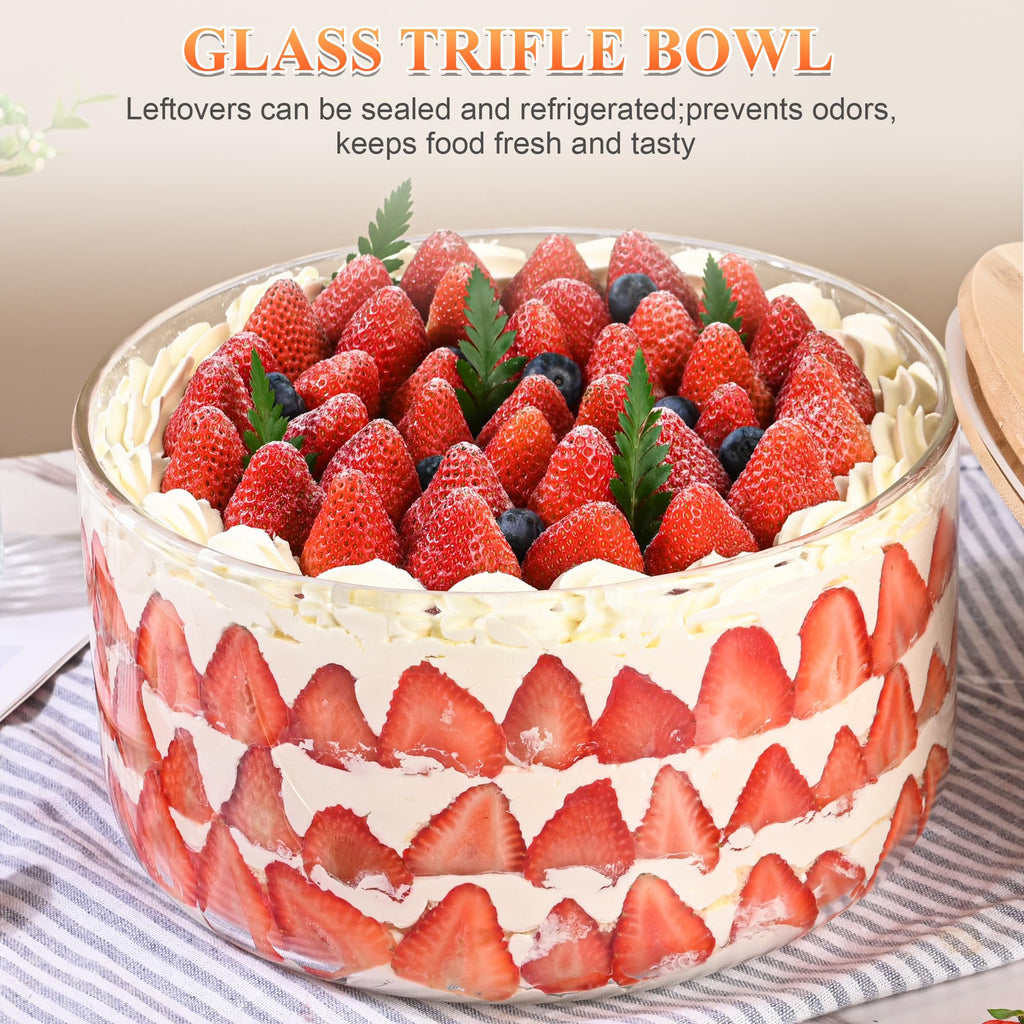LOVYANXUE 9 inch Large Salad and Trifle Bowl Glass with Lid, 155 oz Versatile Mixing and Serving Dish for Fruit, Laying Ice Cream, Cake, Cupcake, Baking, and Dessert, Microwave Safe