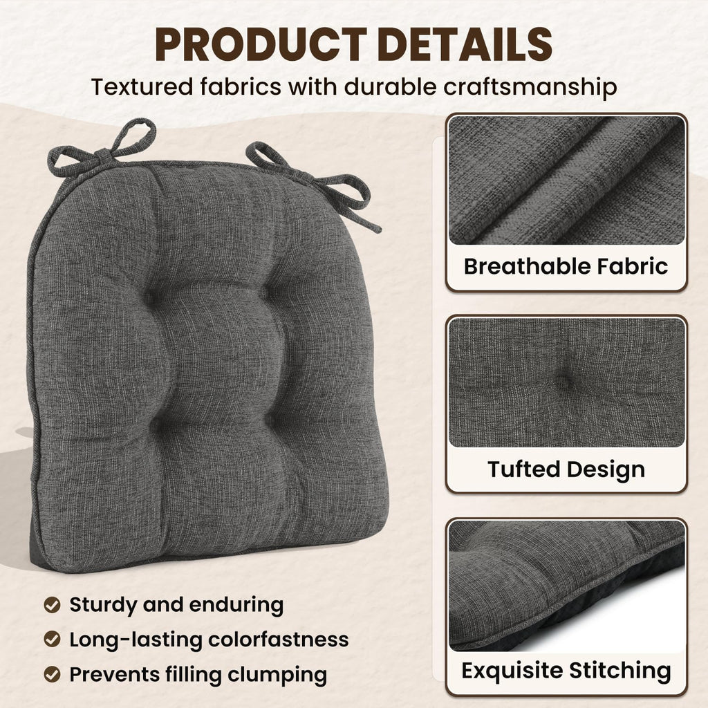 downluxe Indoor Chair Cushions for Dining Chairs, Tufted Overstuffed Textured Kitchen Chair Pads with Ties and Non-Slip Backing, 15.5" x 15.5" x 4", Aqua Blue, 4 Pack
