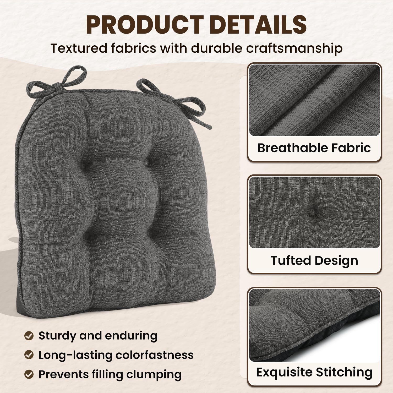 downluxe Indoor Chair Cushions for Dining Chairs, Tufted Overstuffed Textured Kitchen Chair Pads with Ties and Non-Slip Backing, 15.5" x 15.5" x 4", Aqua Blue, 4 Pack
