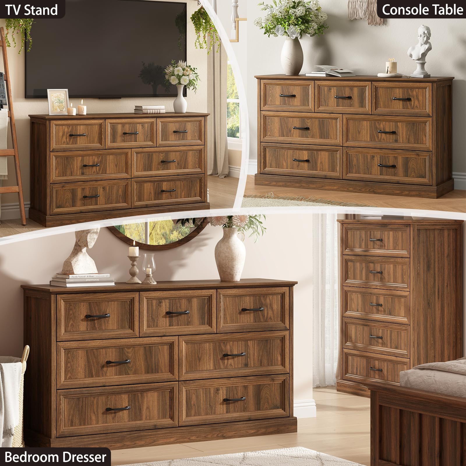 Farmhouse 5 Drawers Dresser for Bedroom, 44" Tall Brown dresser Wood Rustic Chest of Drawers with Wide Metal Handle,Natural Texture,Drawer Organizer for Bedroom,Living Room,Hallway and Entryway