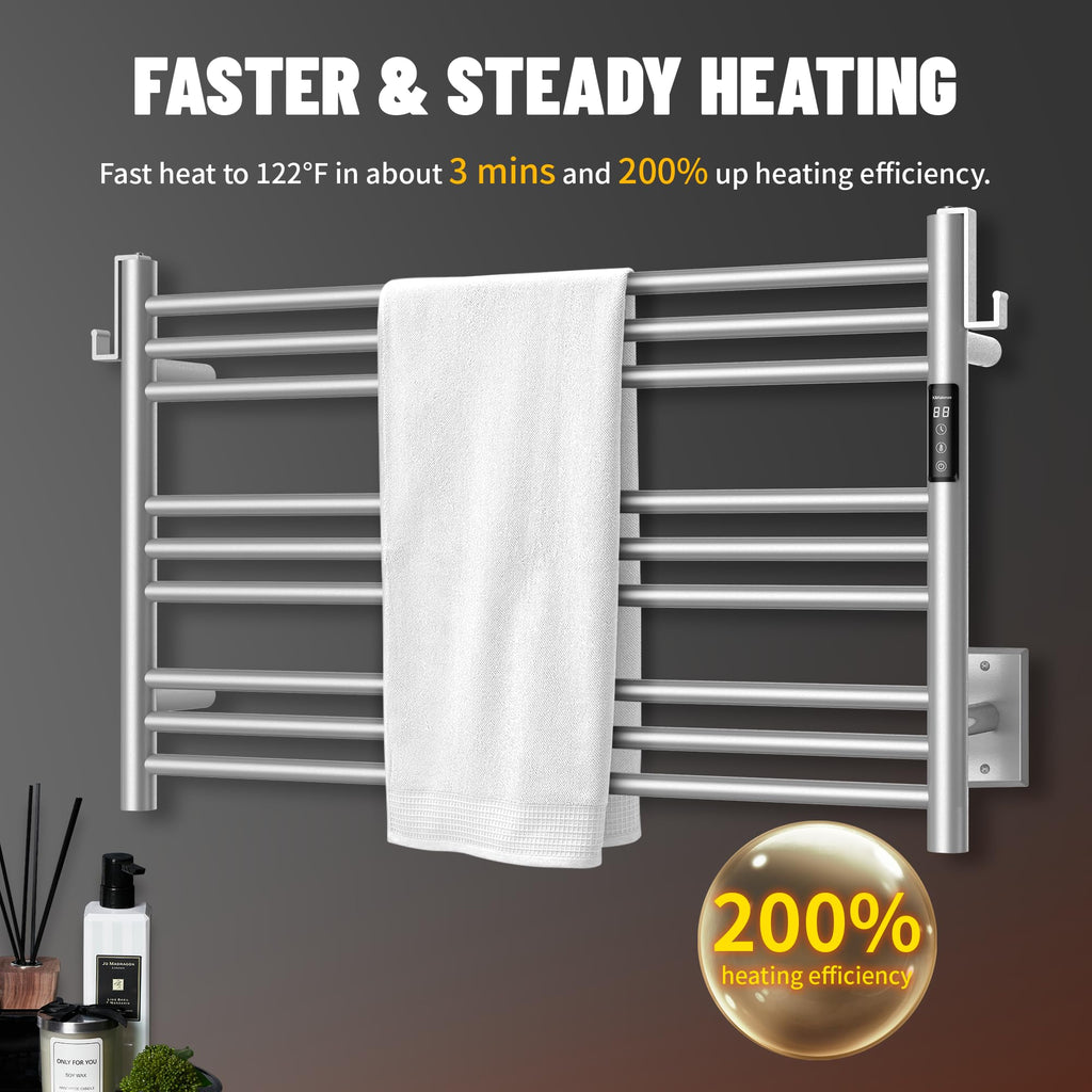 K&KALONZO Wall-Mounted 9-Bar Heated Towel Rack, Fast Heat in 2 Min, NTC Safety | 4 Timers & 3 Heat Levels Control, Plug-In/Hardwired, Top Hooks, Memory Function, Anti-Scald, Stainless Steel, EL13ML