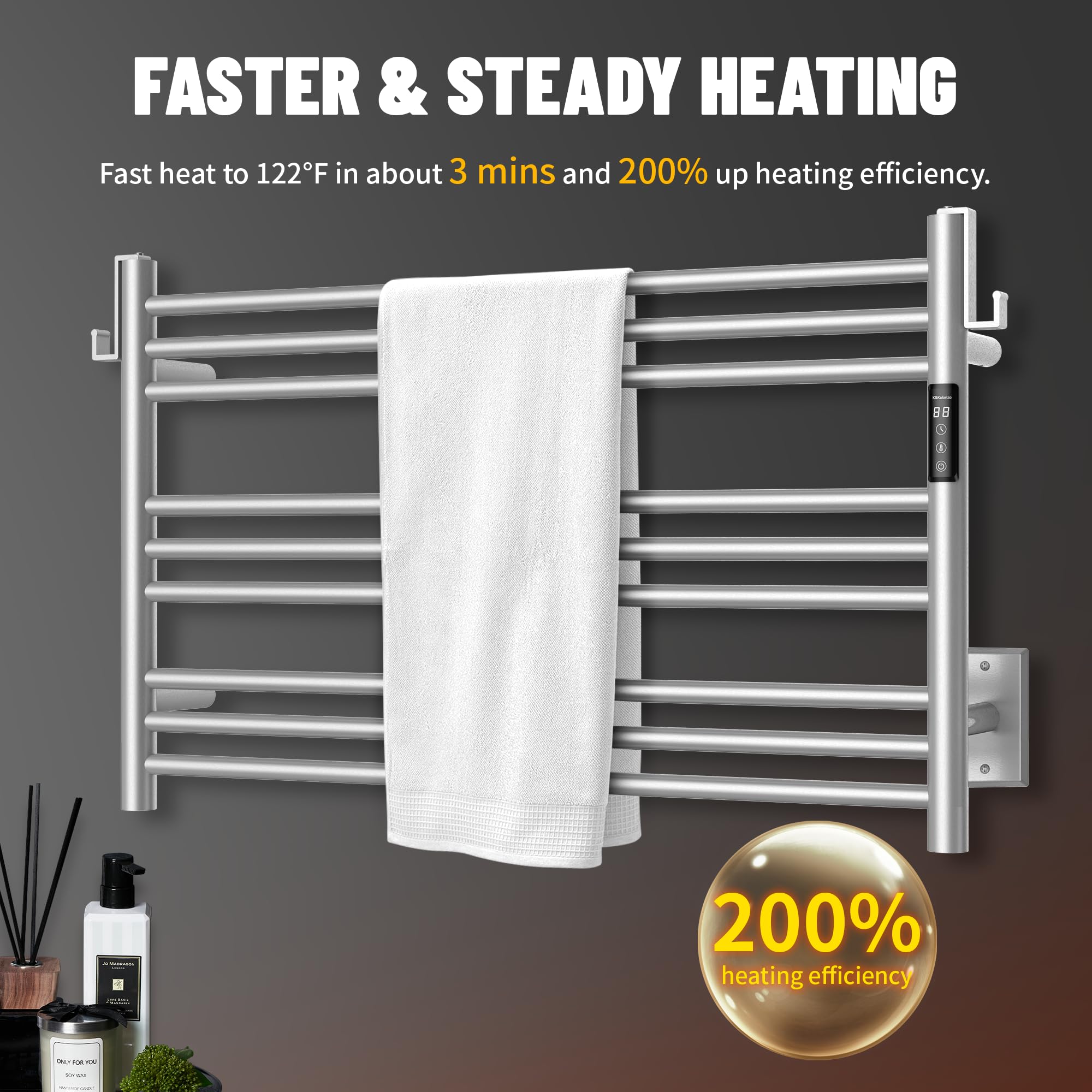 K&KALONZO Wall-Mounted 9-Bar Heated Towel Rack, Fast Heat in 2 Min, NTC Safety | 4 Timers & 3 Heat Levels Control, Plug-In/Hardwired, Top Hooks, Memory Function, Anti-Scald, Stainless Steel, EL13ML