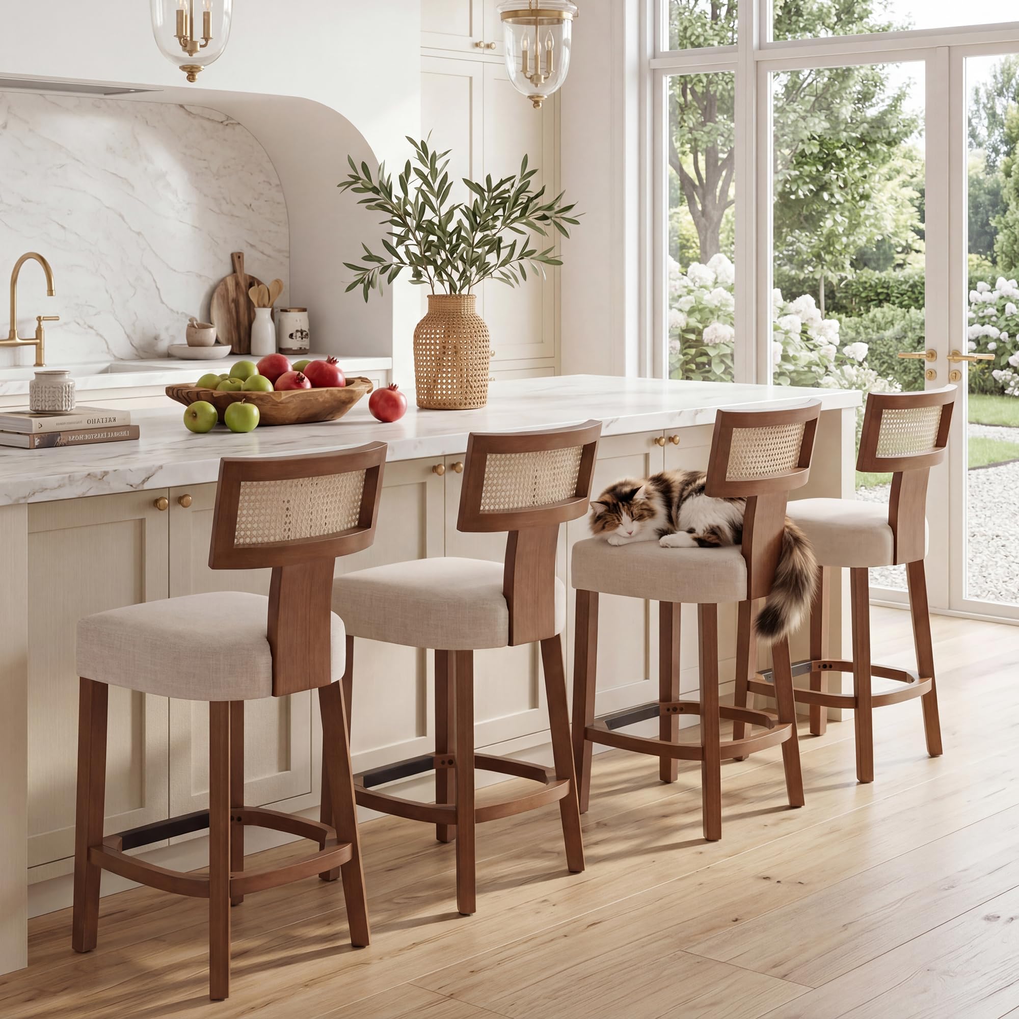 Farmhouse 30'' Extra Tall Bar Stools Set of 2 Modern Counter Height Barstools with Backs Rustic Wood Bar Stools Linen Upholstered Counter Chairs Kitchen Island Stool Chairs with Wood Frame, Beige