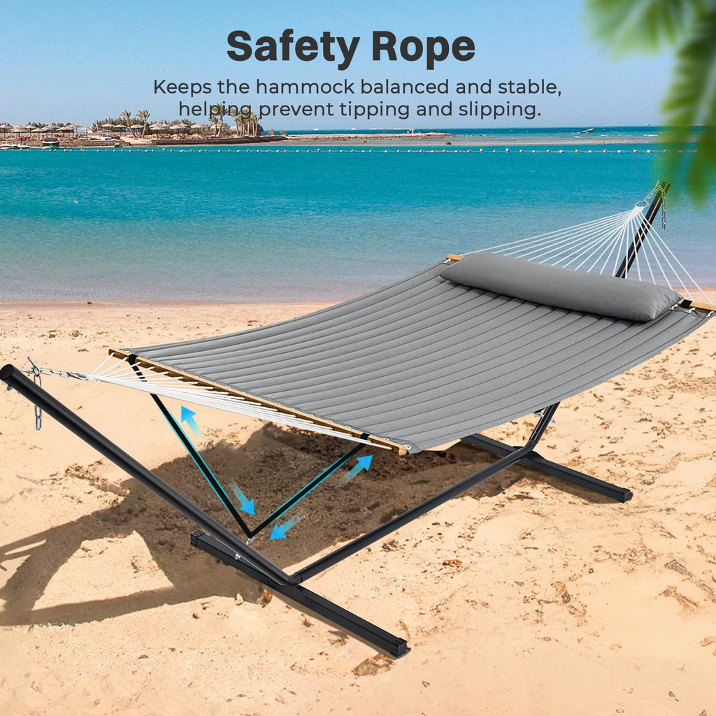 SUPERJARE Hammock with Stand, 2 Person Quilted Outdoor Hammock, Detachable Pillow & Bamboo Spreaders, Portable Hammock with Carrying Bag, Heavy Duty Stand, Perfect for Outside, Patio, Aqua Blue