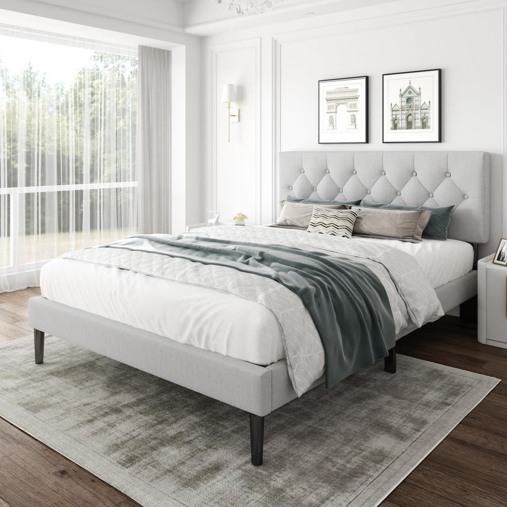 CXVX Full Size Platform Bed Frame with Upholstered Headboard, Button Tufted Design, Strong Wooden Slats, No Box Spring Needed, Easy Assembly, Noise Free