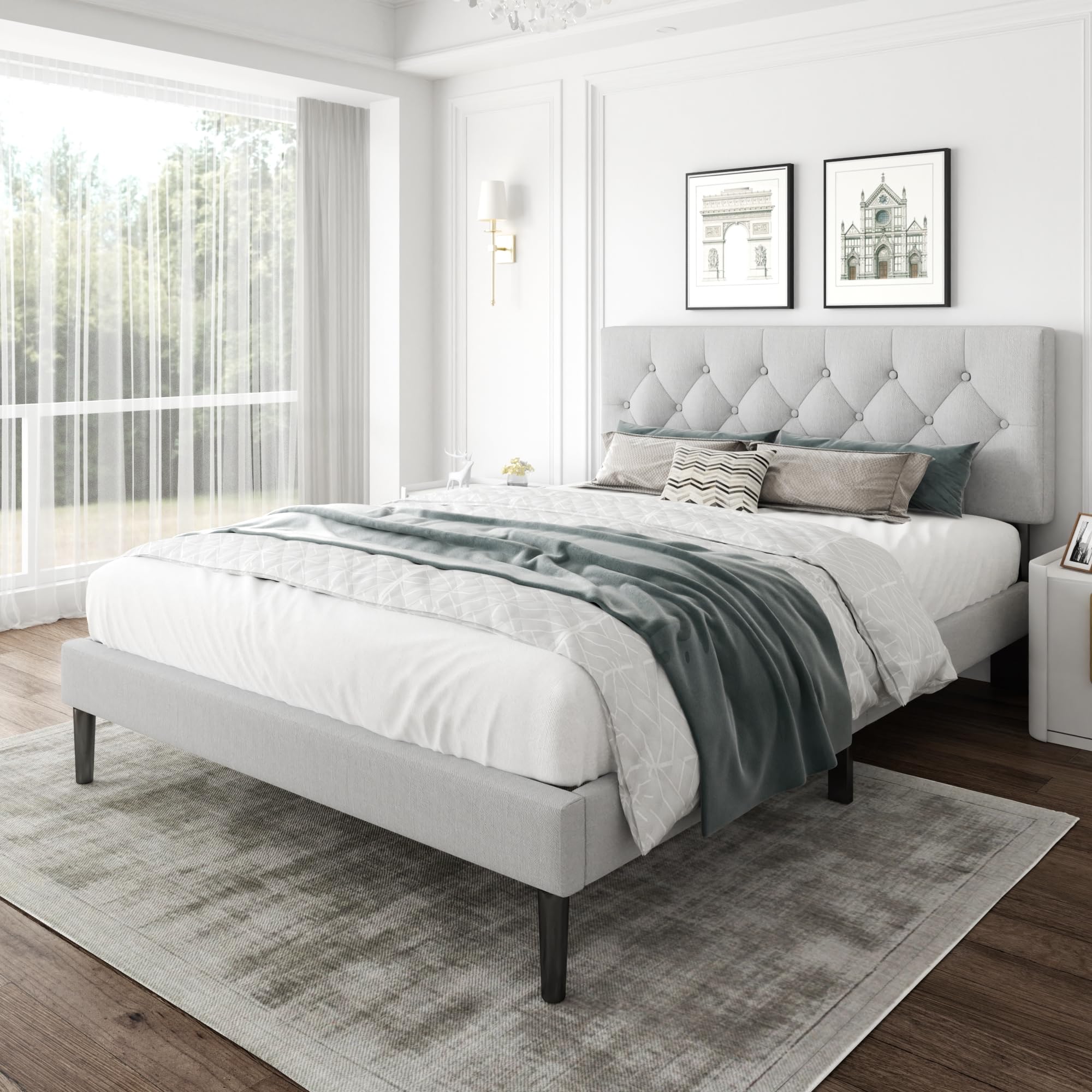 CXVX Full Size Platform Bed Frame with Upholstered Headboard, Button Tufted Design, Strong Wooden Slats, No Box Spring Needed, Easy Assembly, Noise Free