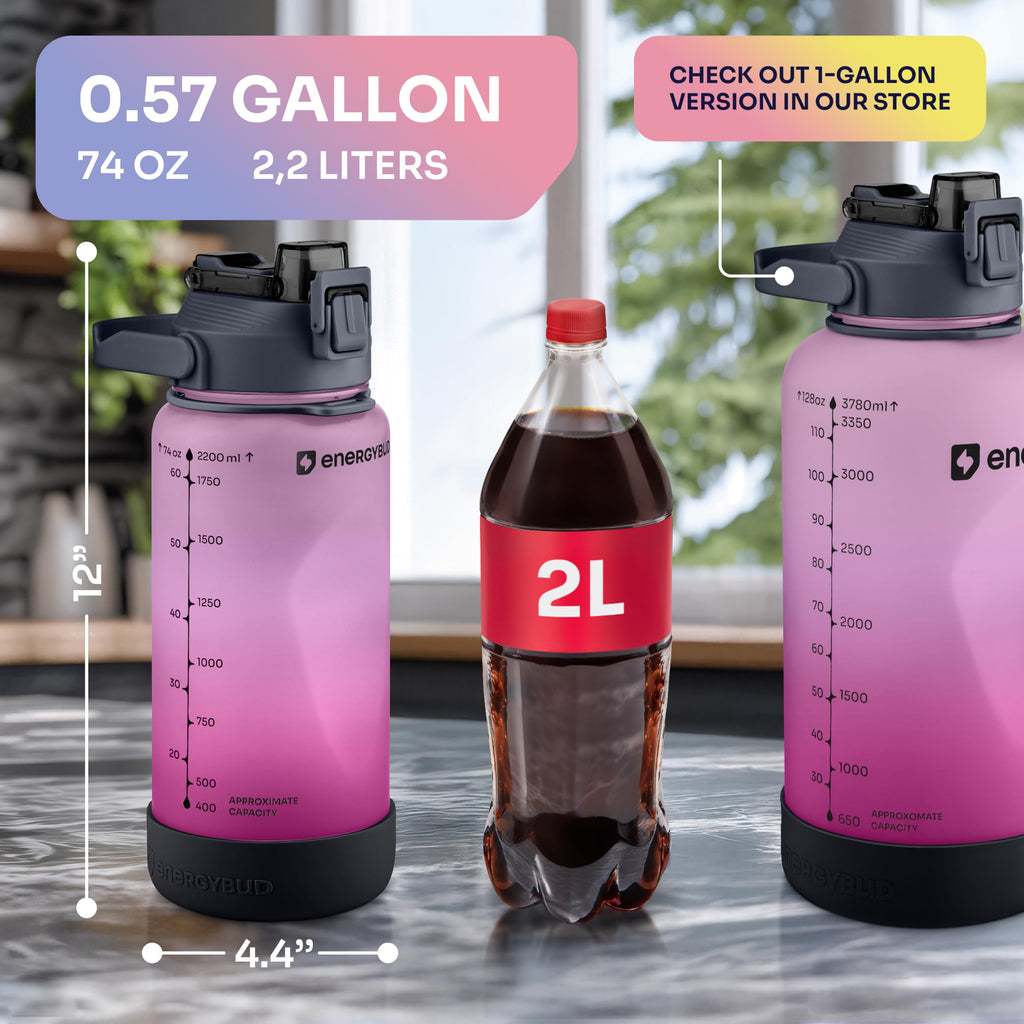 1/2 Gallon Water Bottle with 74.3 oz Capacity - Motivational Time Markers for Daily Hydration Goals - Leakproof BPA Free Tritan with Removable Straw