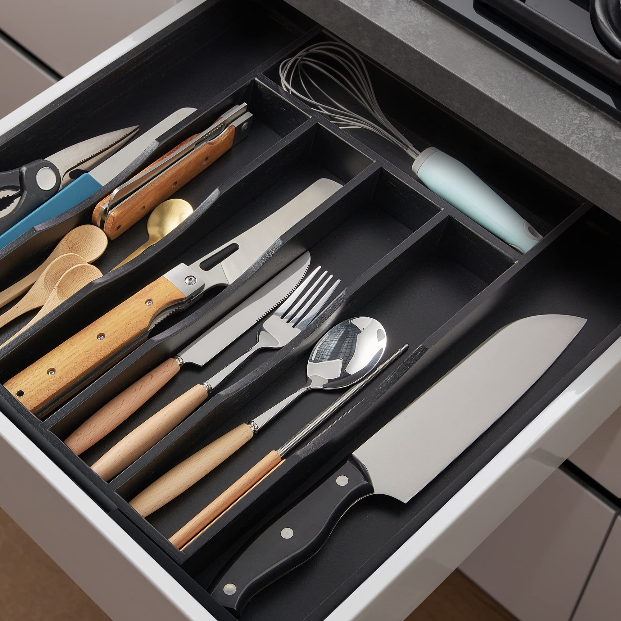 Expandable Acacia Kitchen Drawer Organizer for Cutlery and Utensils, Adjustable Acacia Wood Cutlery Tray in Drawer for Flatware and Silverware in Kitchen