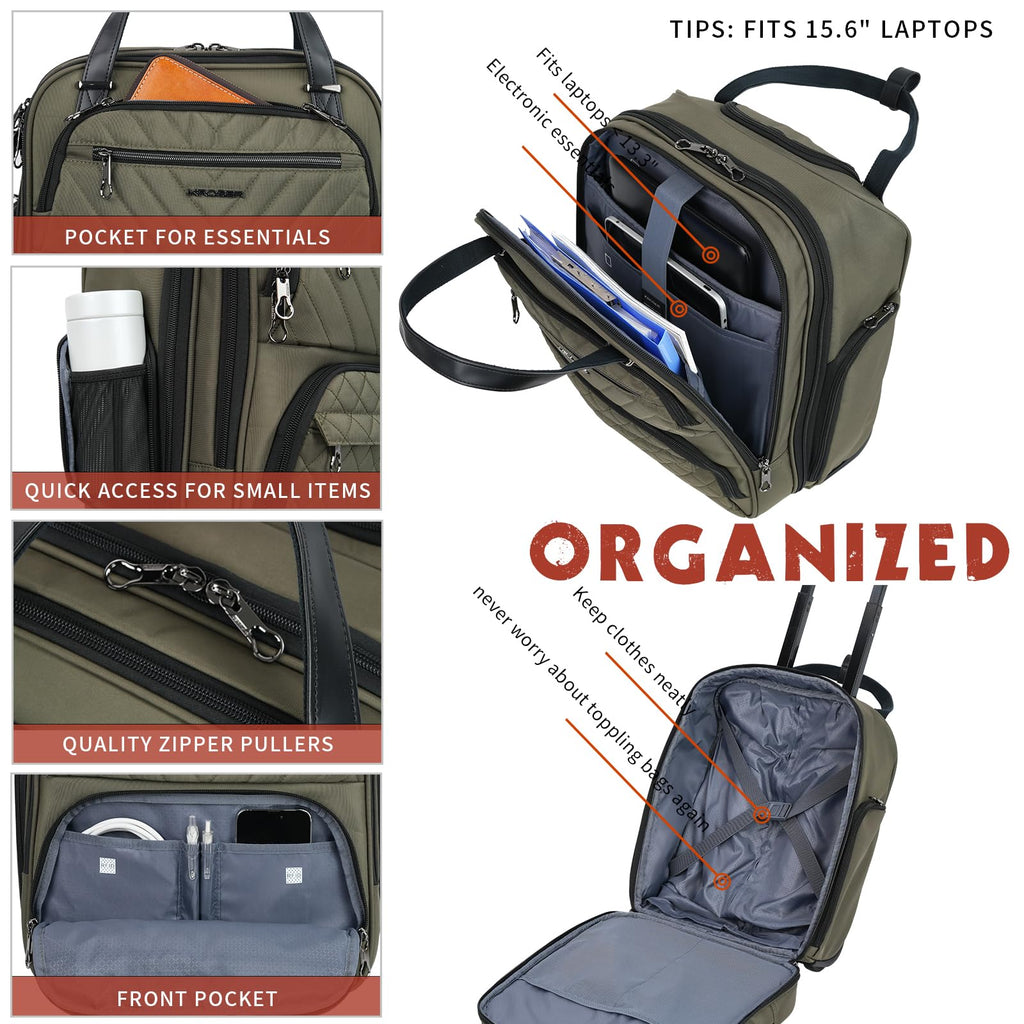 KROSER Carry On Underseat Multi-functional, 16-inch Underseater Lightweight Overnight Suitcase for Women, Army Green
