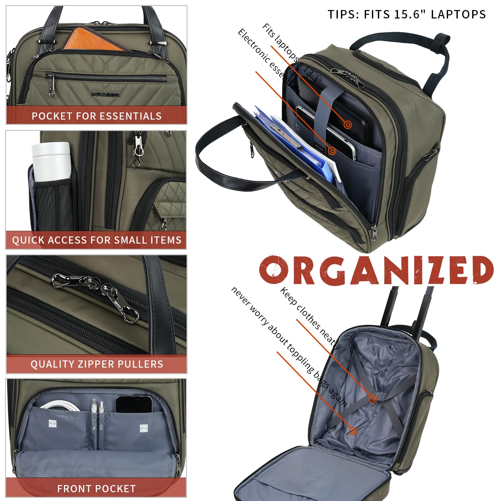 KROSER Carry On Underseat Multi-functional, 16-inch Underseater Lightweight Overnight Suitcase for Women, Army Green