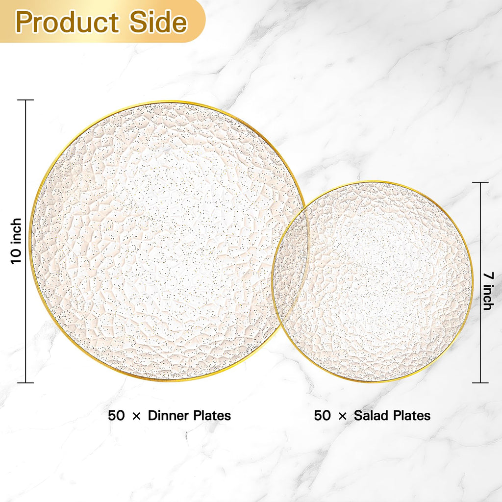 Rubtlamp 100Pcs Amber Gold Plastic Plates, Disposable Plates With Gold Rim, Heavy-duty Party Platos, Hammered Plastic Plates Include 50 Clear Dessert Plates, 50 Dinner Plates for Party