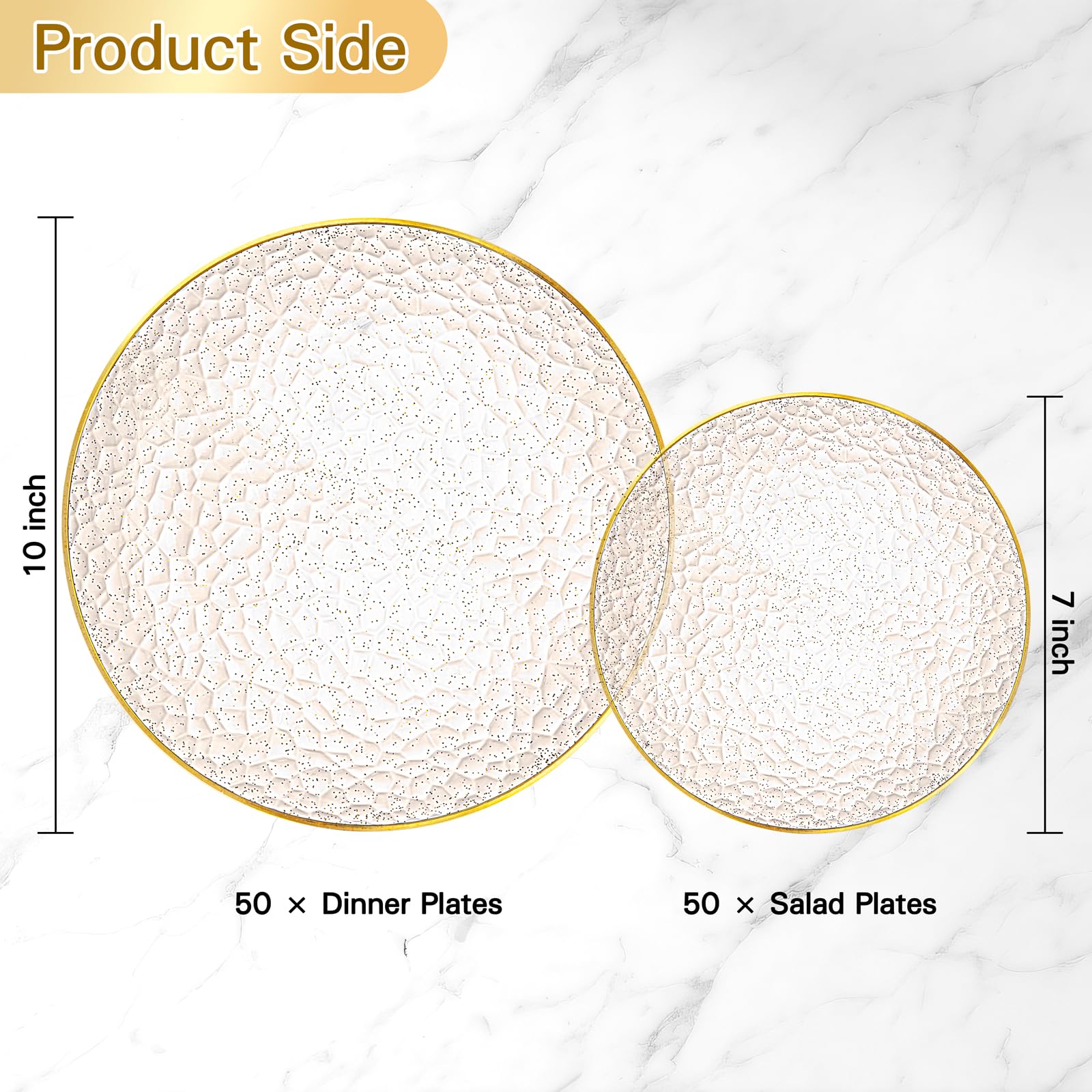 Rubtlamp 100Pcs Amber Gold Plastic Plates, Disposable Plates With Gold Rim, Heavy-duty Party Platos, Hammered Plastic Plates Include 50 Clear Dessert Plates, 50 Dinner Plates for Party