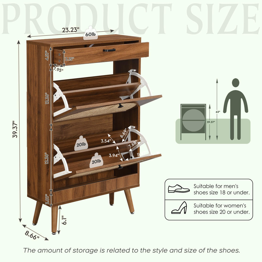 Yechen Shoe Rack Storage Organizer with 2 Natural Semi-Circular Rattan Doors, Entryway Wooden Shoe Cabinet for Sneakers, Leather Shoes, Heels, Slippers (Black)