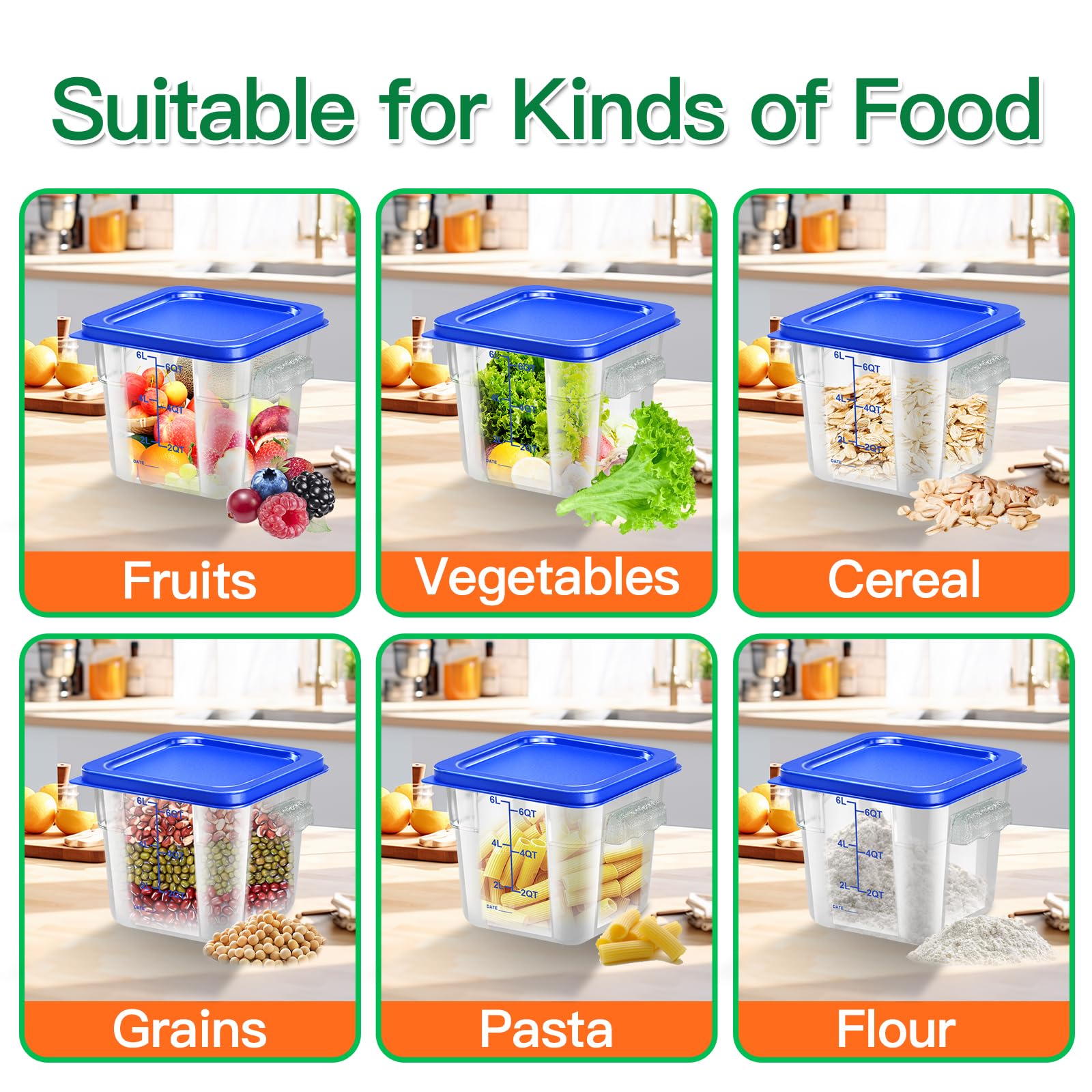 6 pcs 2qt Food Storage Containers with Lid, Square Clear Commercial Storage Containers with Handle and Scale for Food Storage in Home Kitchen & Dining (Green)