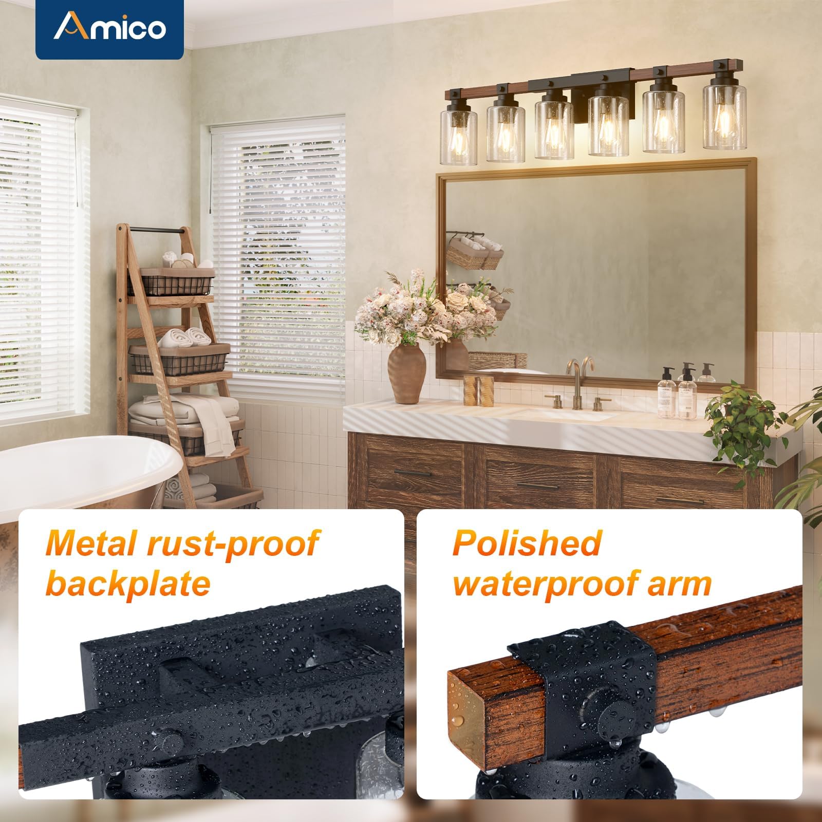 Amico 3-Light Farmhouse Vanity Light Fixture, Rustic Wood Bathroom Light Fixtures, Industrial Vintage Black Wall Sconces Lights with Bubble Glass Shade for Mirror, Bedroom, Living Room, Hallway