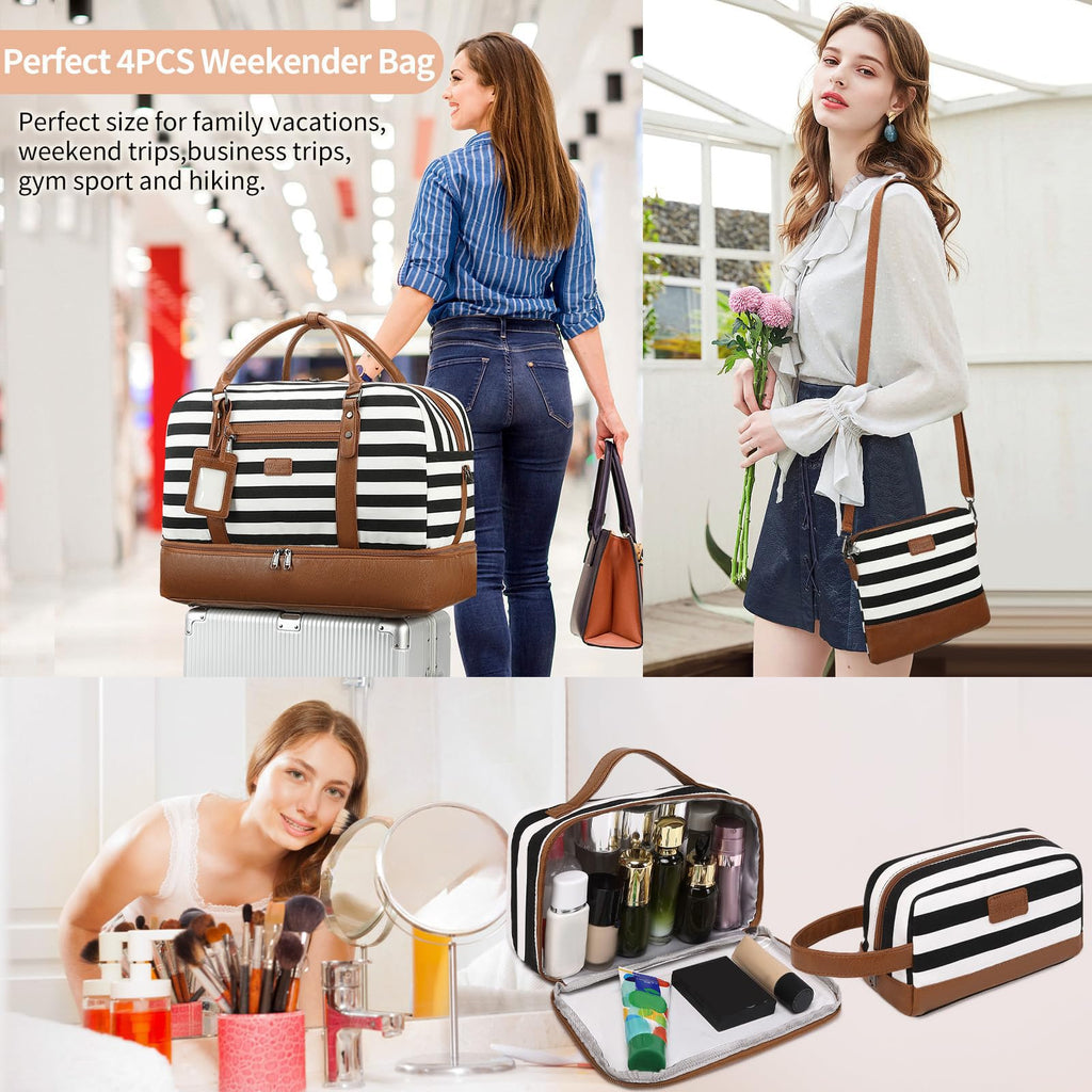 Wogarl 4PCS Weekender Bags for Women Large Overnight Weekend Travel Duffel Carry on Shoulder with Shoe Compartment Canvas Toiletry Bag for Travel Business Gym